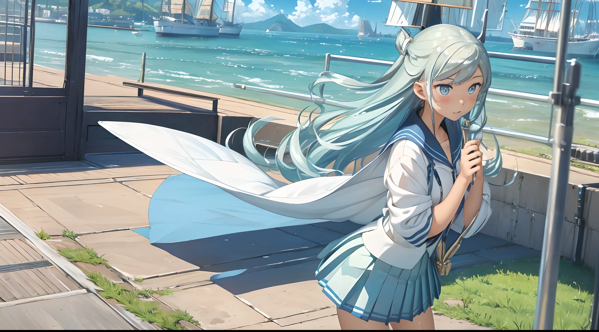 (master_piece, high_quality, beautiful, super delicate, absurdres:1.2), 1girl, mature, ************, beutiful face, ahoge, hair fluttering in the wind, white hair, blue eye, (sailor suit, translucent fluttering skirt, skirt that sway in the wind:1.2), port, (clear water, gemstone sea:1.2), Ship in the distance, The trails that planes make, blue sky, Sunshine, street in the distance,