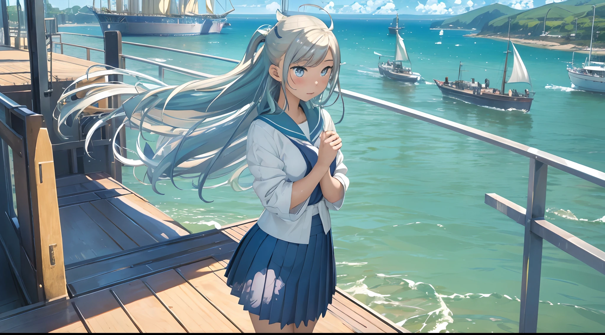 (master_piece, high_quality, beautiful, super delicate, absurdres:1.2), 1girl, mature, , beutiful face, ahoge, hair fluttering in the wind, white hair, blue eye, (sailor suit, translucent fluttering skirt, skirt that sway in the wind:1.2), port, (clear water, gemstone sea:1.2), Ship in the distance, The trails that planes make, blue sky, Sunshine, street in the distance,