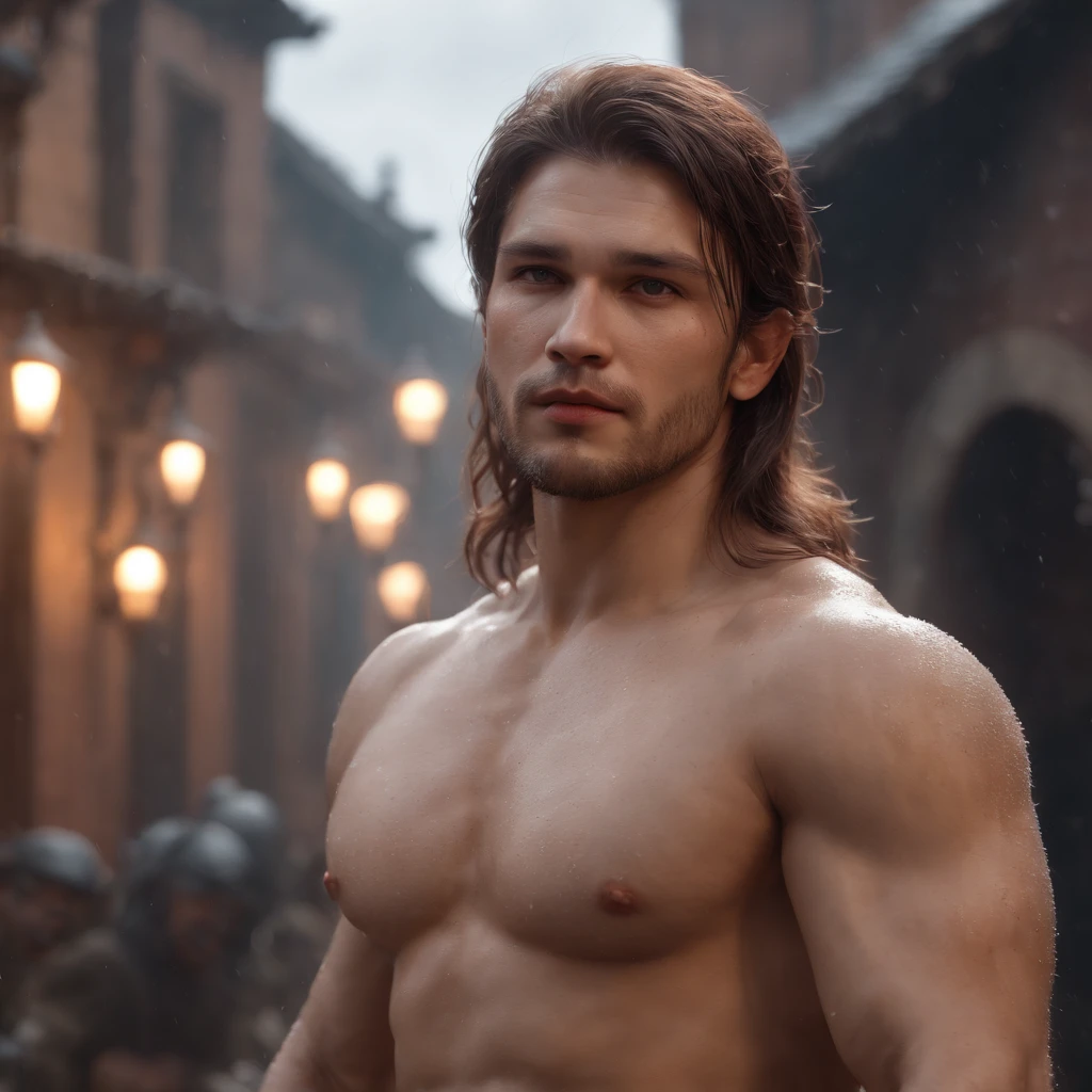 (professional 3d render:1.3) af (Realistic:1.3) most beautiful artwork photo in the world,Features soft and shiny male heroes, ((Epic hero fantasy muscle man rough wet hero angry looking long hair short beard and ferocious expression in dynamic pose, Fantastic location, Majestic cluttered environment)), Full body 8K unified rendering, action shot, skin pore, very dark lighting, heavyshading, Detailed, Detailed face, (vibrant, photograph realistic, Realistic, Dramatic, Dark, Sharp focus, 8K), (Old leather garments damaged by weathering:1.4), ((((Wear fur)))), (Intricate:1.4), decadent, (Highly detailed:1.4), Digital painting, rendering by octane, art stations, concept-art, smooth, Sharp focus, illustration, Art germ, (loish:0.23), wlop ilya kuvshinov, and greg rutkowski and alphonse mucha gracias, (Global illumination, Studio light, volumettic light), heavy rain, particles floating, lotr, fantasy, elf, full bodyesbian, ((Dark and ancient city background:1.3)),CGSesociety,art stations, full body, naked, nude, big dick, real penis