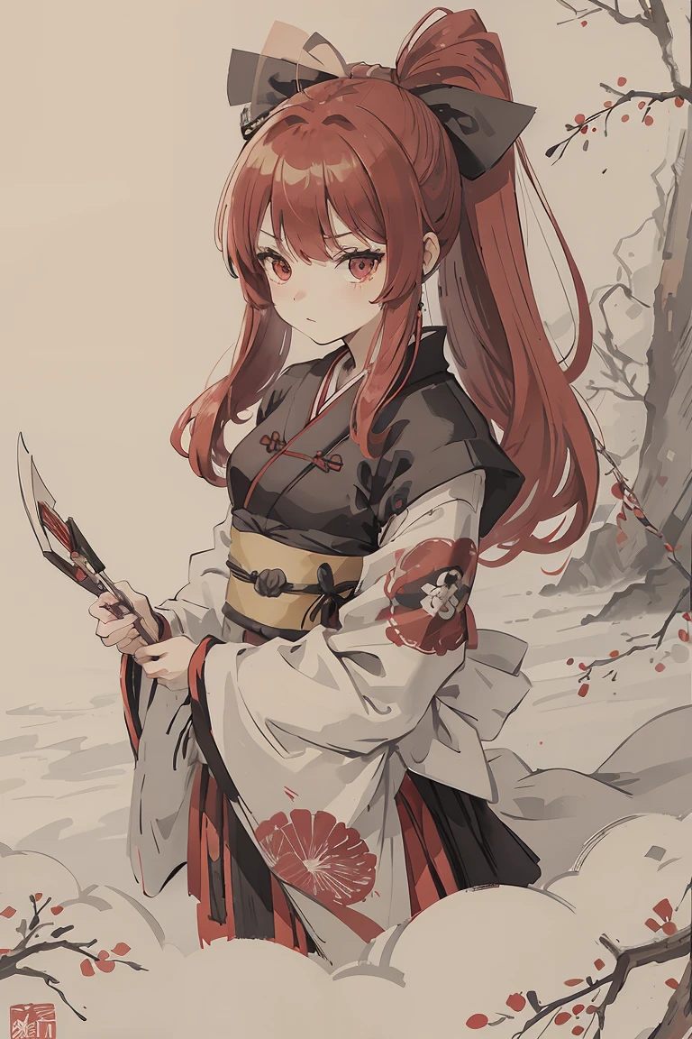 sparrow, a red haired girl, wearing a samurai armor, black skirt, long hair, hair ribbon, slim body, teen, floral printed kimono, serious face, a japanese samurai, red wings. she is standing in the shrine