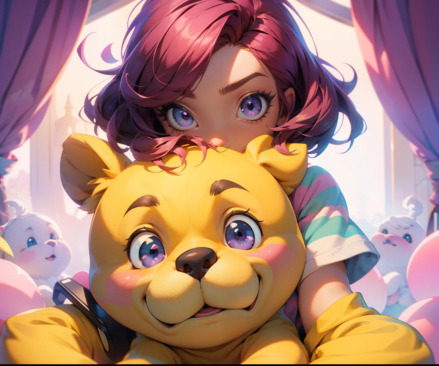 1 chica con pelo rosa ojos violeta con un Pijama Mameluco de color amarillo estilo Winnie Pooh, hermosos detalles, hermosos ojos, gran calidad, 4k de fondo un cuarto gamer