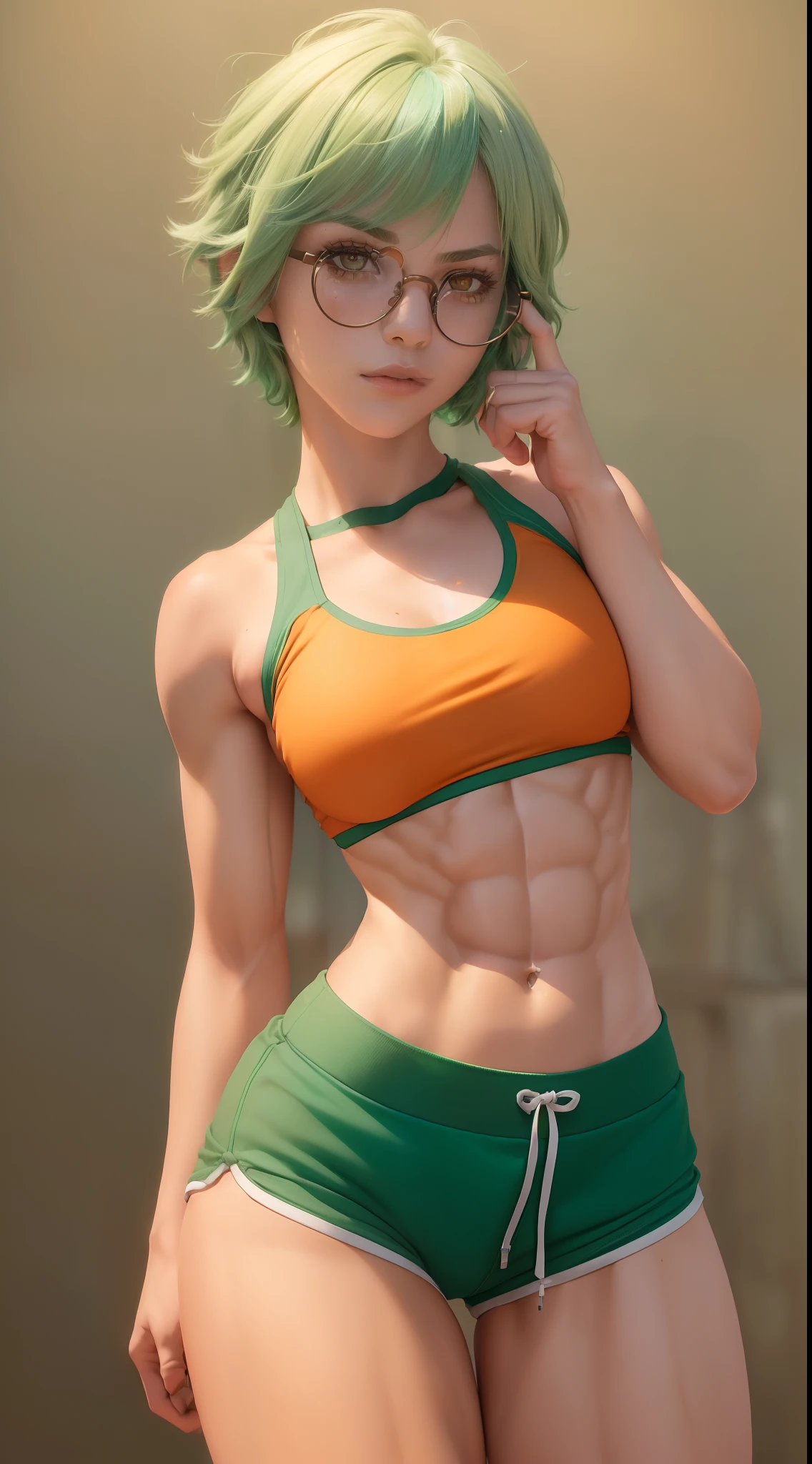 1 girl, ((20 years old)), (((beautiful woman)), ((green hair)), ((short hair)), ((wearing tight shorts)), ((wearing tight top)), ((orange eyes)), ((wearing glasses)), (((detailed abs)), ((Athletic Body Woman)), ((dynamic pose)), #Explanation: A pretty girl with short green hair, she wears glasses, a tight top and shorts.