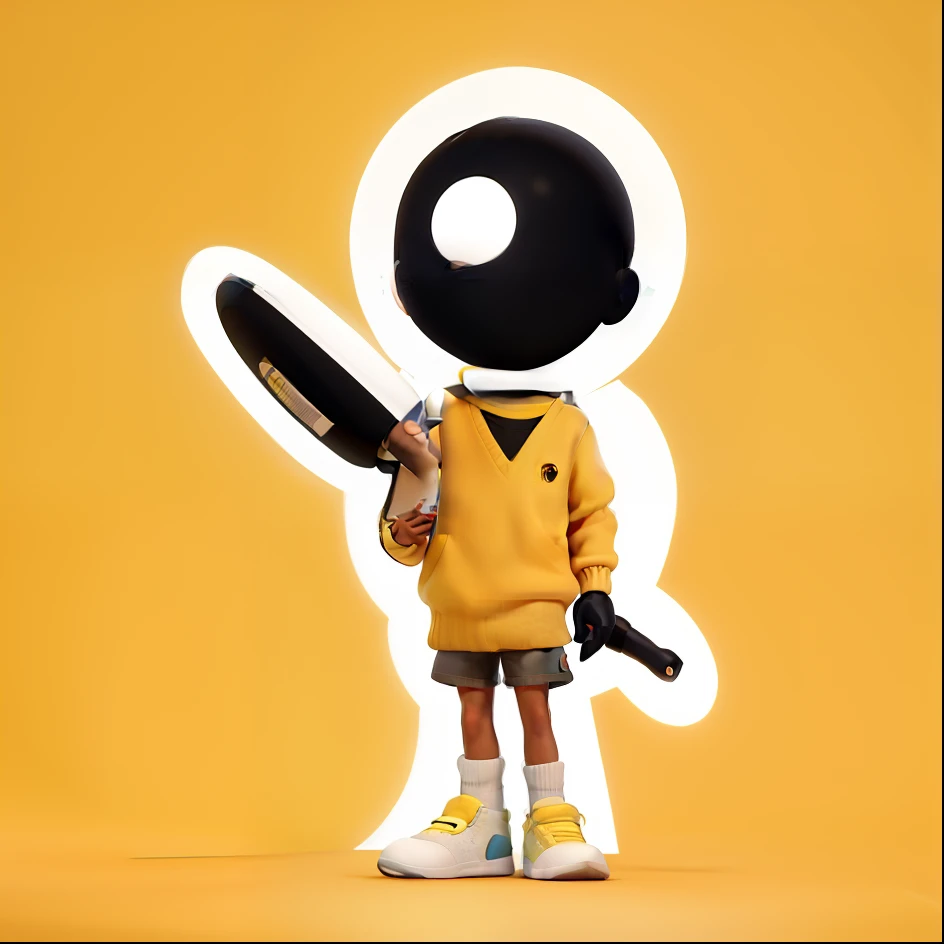 A boy with a black sphere in the shape of a head, with a white circle in the left corner, with a yellow sweater and yellow shorts, Holding a big pen behind, estilo Disney Pixar, alta qualidade, melhor qualidade