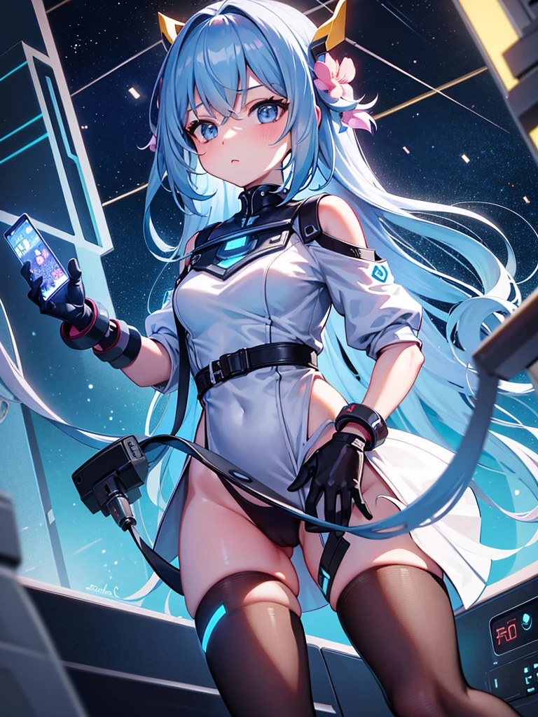 One girl、Inside the spacecraft、A girl and a beautiful sight are spreading。The walls and ceiling are covered with panels of futuristic design.、It has a fantastic glow。The interior of the ship is spacious々and々And々And々And々And々And々And々And々And々And、A variety of scientific instruments and consoles are located。The interior space of the spacecraft is、、、、、、、、、、It features a silvery metallic texture and a curvaceous design、focus on girl
