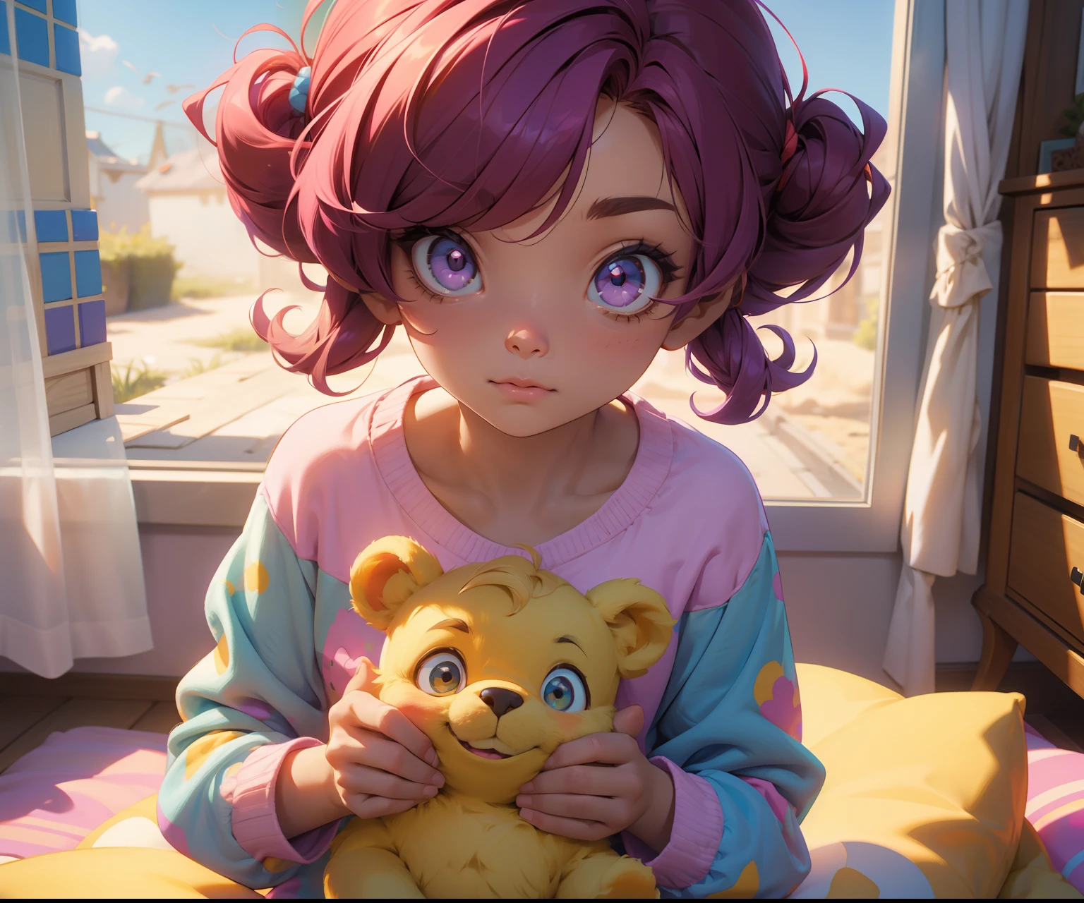 1 chica con pelo rosa ojos violeta con un Pijama Mameluco de color amarillo con ropa de Winnie Pooh, hermosos detalles, hermosos ojos, gran calidad, 4k de fondo un cuarto gamer