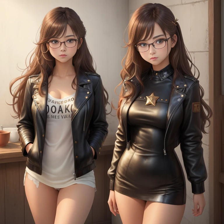 8K, Masterpiece, Best Quality, Realistic, higly detailed, Cowboy shot, 1girl, 独奏, Girl of serious appearance, mid length hair, Expressive Ahoge, Slightly wavy brown hair, A pair of star-shaped hairpins near both eyes, Large shiny dark brown eyes, Small stature, Well-endowed figure, eyeglasses, Cute, Leather clothing, without underwear, Vandal