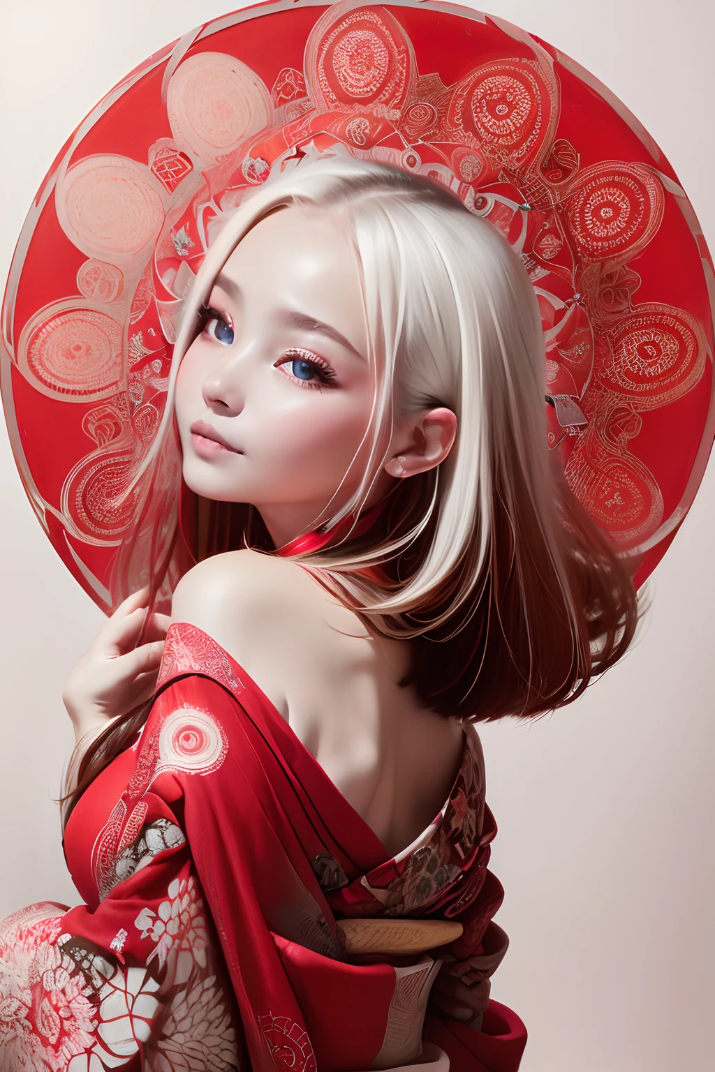 (((white backgrounid、a white world)))、unity 8k wall paper、ultra-detailliert、Beautifully Aesthetic、​masterpiece、top-quality、(Zentangle、a Mandala、Tangles、Tangles)、(Fractal Art:1.3)、One girl、Beautiful black hair、japanes、large pink、Red kimono、Japanese dress、ighly detailed、Dynamic angles、Cowboy Shots、The most beautiful forms chaos、elegent、Brutalist design、Vibrant colors、romantism、Atmosphere、??????? musical notes、Streaming music notes are visible、(((white backgrounid、Pure white background、Red circle)))