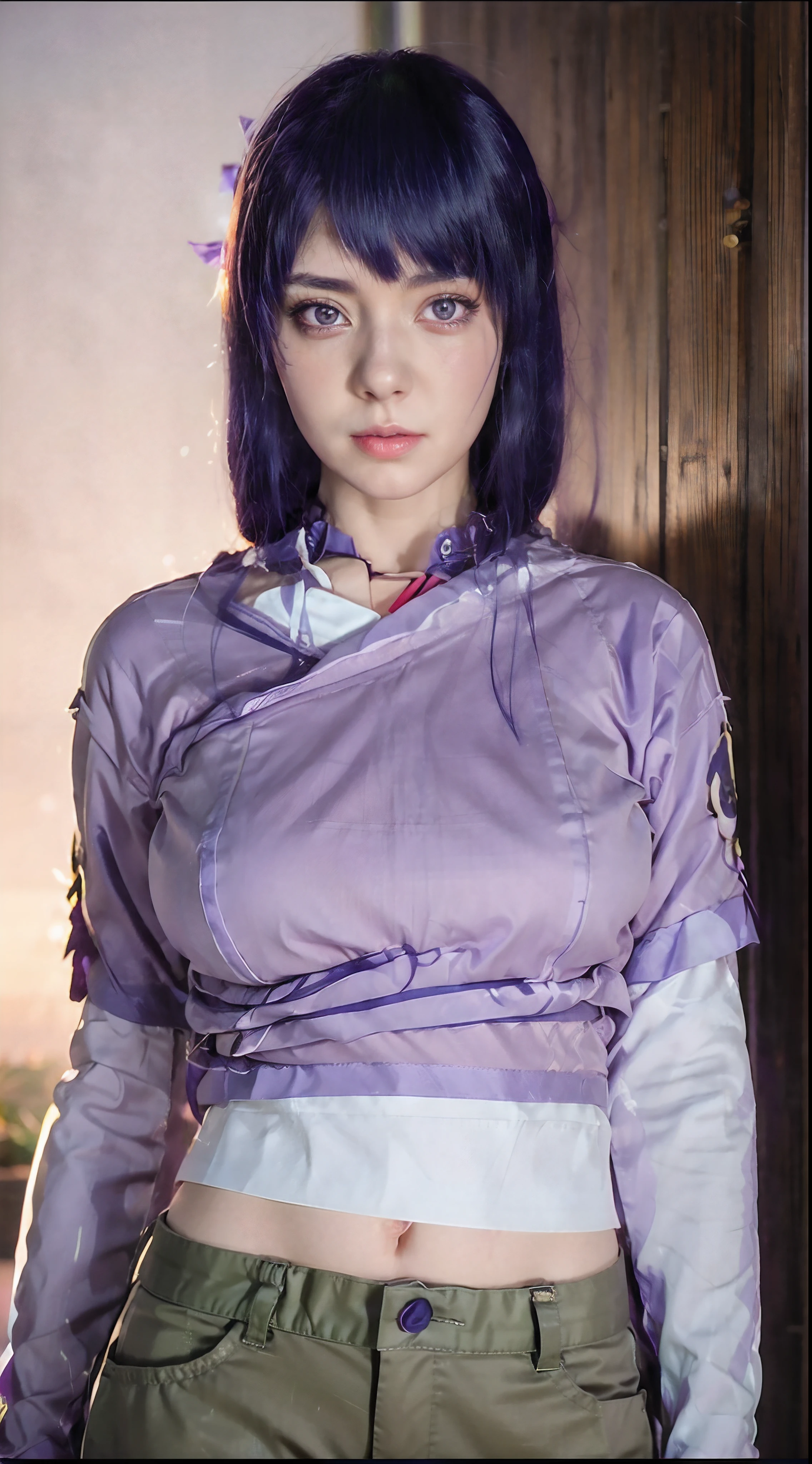 a close up of a woman with a purple shirt and green pants, hinata hyuga from naruto, hinata hyuga, hyper realistic anime, anime girl in real life, realistic anime 3 d style, inspired by Koson Ohara, nico robin, 3 d anime realistic, japanese goddess, realistic cosplay, alena aenami and artgerm, photorealistic anime