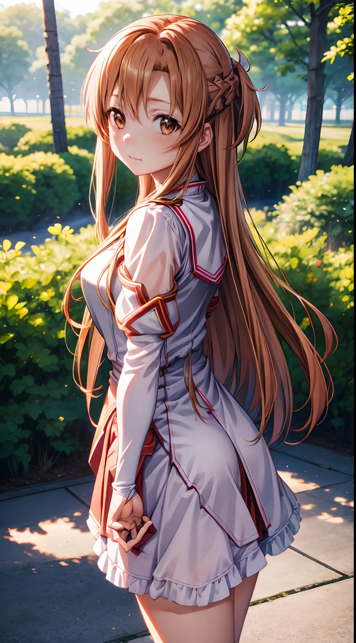 hight resolution, best pictures,Yuuki Asuna , super precision,、[3D images:1.35]、[[In high-quality anime、Cute Asuna with brown hair and brown eyes:1.15]]、high-school uniform、a park