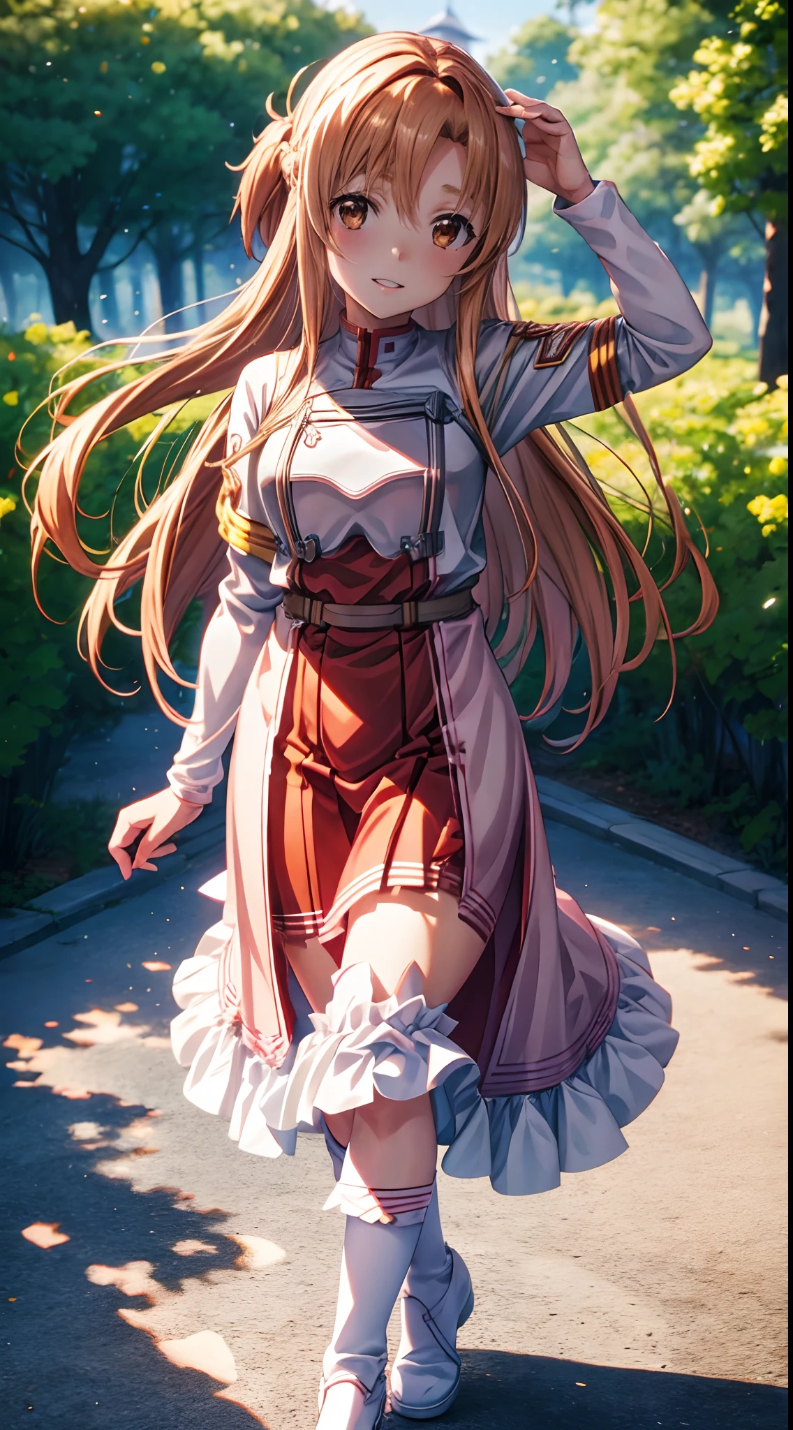 hight resolution, best pictures,Yuuki Asuna , super precision,、[3D images:1.35]、[[In high-quality anime、Cute Asuna with brown hair and brown eyes:1.15]]、high-school uniform、a park