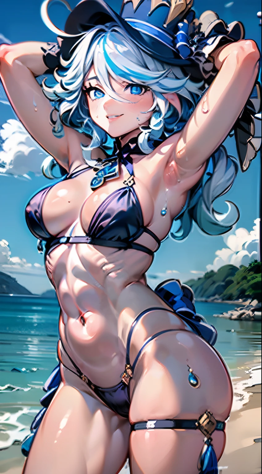 (Furina de Genshin Impact), 1 girl, Standing, na praia, arms on waist, usando um biquini fio dental, Medium breasts Muscular legs, barriga musculosa, Standing, foto de corpo inteiro, Looking at the Viewer, alta qualidade, ultra realistic, 8k, perspiration, Wet