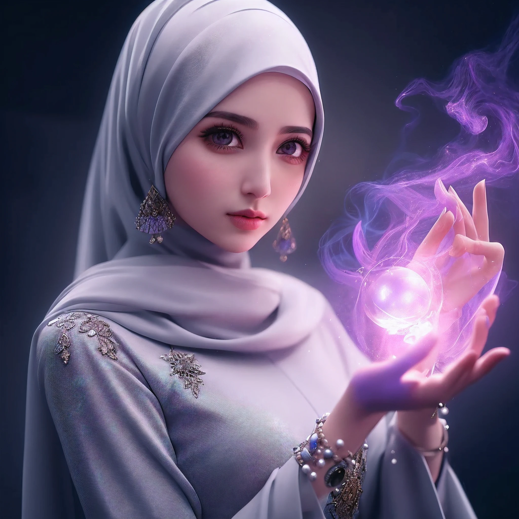 muslim woman in hijab holding a glowing ball of purple smoke, spell casting wizard, beautiful sorceress, a beautiful sorceress, beautiful wizard, maya ali sorceress, spell casting, emanating magic from her palms, sorceress, maya ali as a mage, sorceress woman, maya ali as a d&d sorcerer, fantasy woman