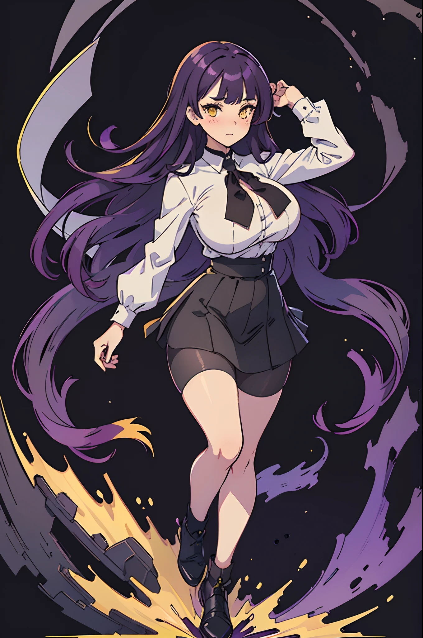 best quality, masterpiece, illustration:1.1), [[[1woman]]], ((Dark Purple hair)), yellow eyes, beautiful, perfect body, perfect proportions, full body, full body pose, no background. idle pose. ((Blushing face)). white shirt, short black skirt, ((HUGE BOOBIES)), (((ALL BLACK BACKGROUND.)))