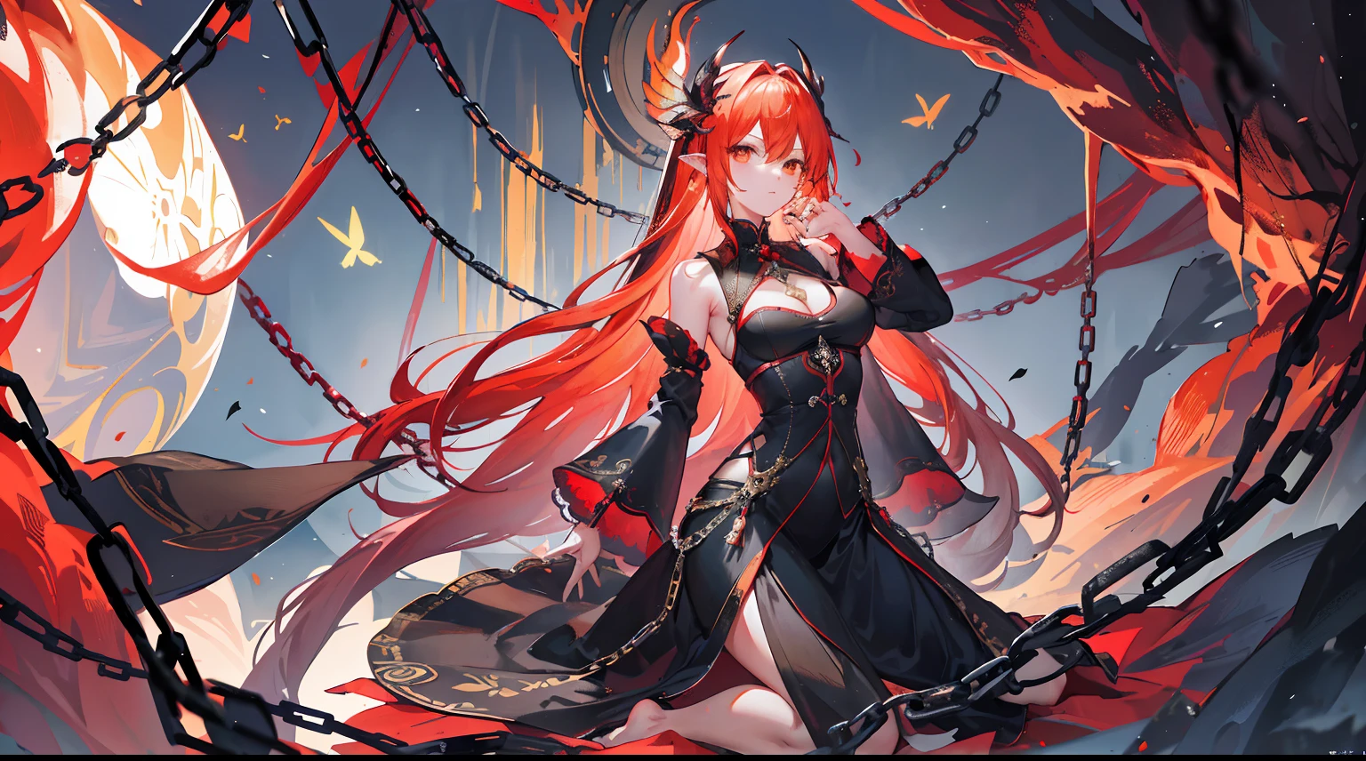 ((ultra - detailed)),((illustration)),((tmasterpiece)),(((Need))),((美丽细致的眼睛)),(the Extremely Detailed CG Unity 8K Wallpapers,best qualtiy,tmasterpiece),((4K,tmasterpiece,best qualtiy)),Mature woman with orange hair,Hands and neck are tied by chains,Black clothes are tight,The ankles are tied by chains,praying pose,blood in face,Burning red chain,There is a love sign on the back of the hand,blacksilk,Hallucinogenic butterflies,Barefoot,Beast-eared maiden,Bound by chains,A collar with a chain attached,Body curves,Whole body diagram