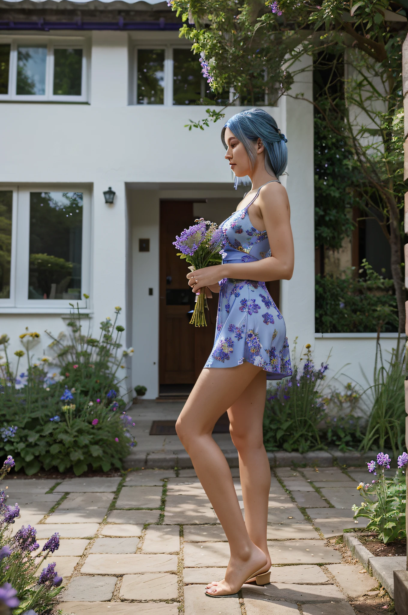 a full body side view photo of a woman in a garden, fit body, blue hair, dress with a purple flowers summer short dress, shot with Sony Alpha ZV E10 natural light, hyper realistic, photograph, ultra detailed