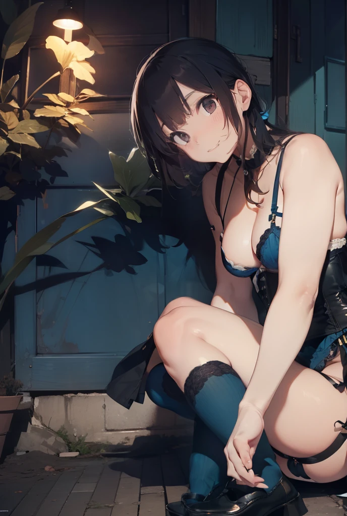 ultra-quality, ultla highres, Hyper Detailed, High contrast, Ultrafine Strike, creative refinement,A dark-haired,Blue lingerie,ssmile,blue corset,Blue garter belt,Show Pub,5 fingers on hand