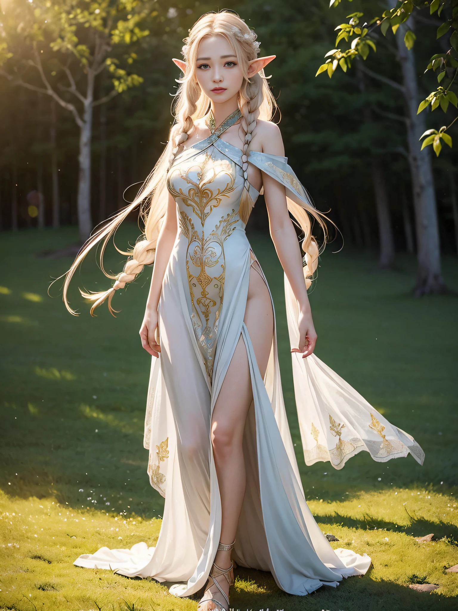 (photorealistic:1.4), (best quality:1.0), (ultra highres:1.0), 8k, RAW photo, (masterpiece:0.2), 1girl, beautiful skin, detailed skin, dressed as a fairy,(((with small breasts and pussy showing))) ,best quality, masterpiece,white hair, gold eyes, looking up, full body,hair strand,Fair skin,side braids