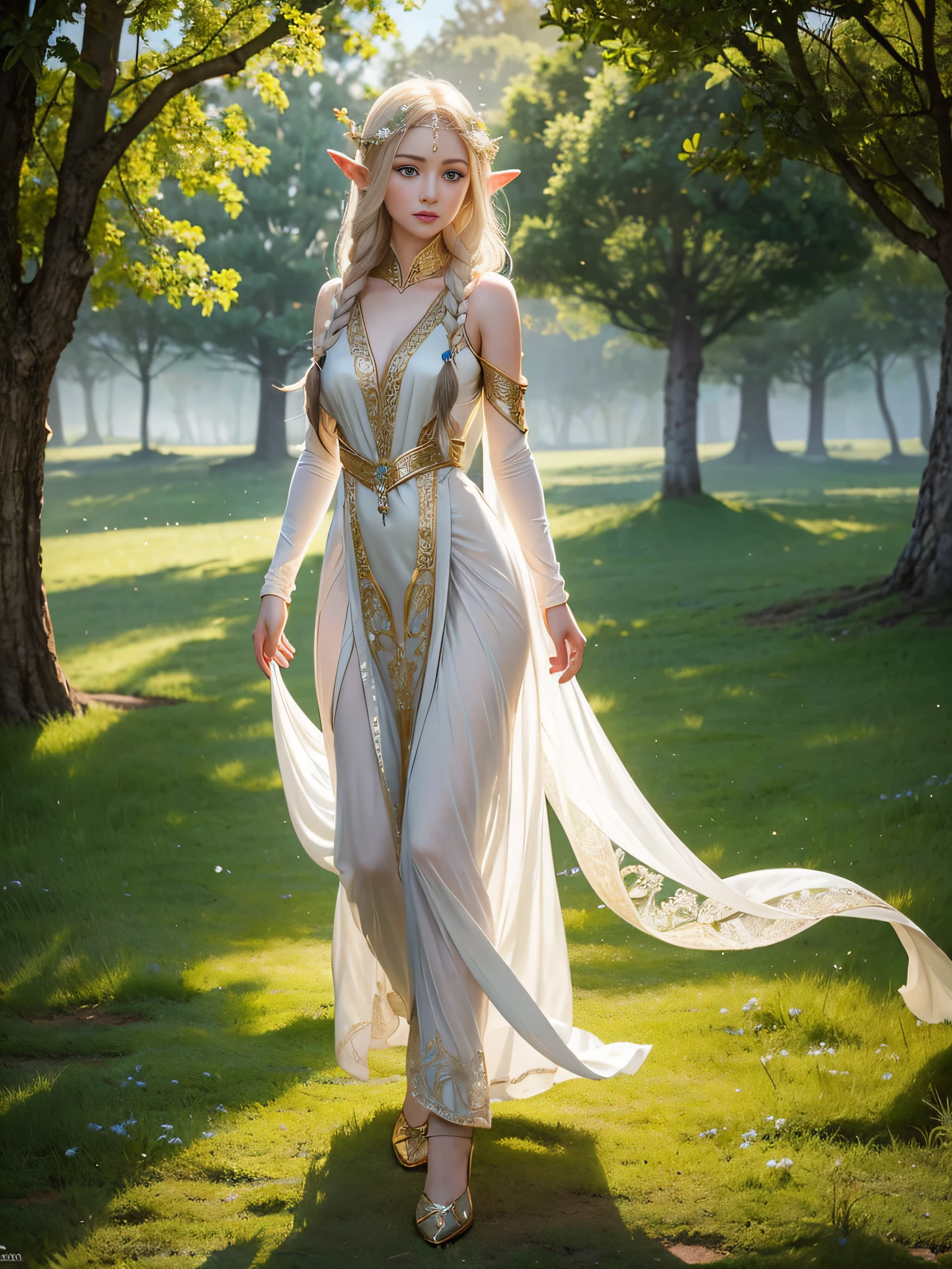 (masterpiece, best quality), Solo Elf female with a hourglass figure, highly detailed face, bright blushing smile, bright blue eyes, blonde hair, simple white dress, standing on a stone brick path in a meadow, delicate golden jewelry, arms held behind back, Volumetric Lighting, Shallow Depth of Field