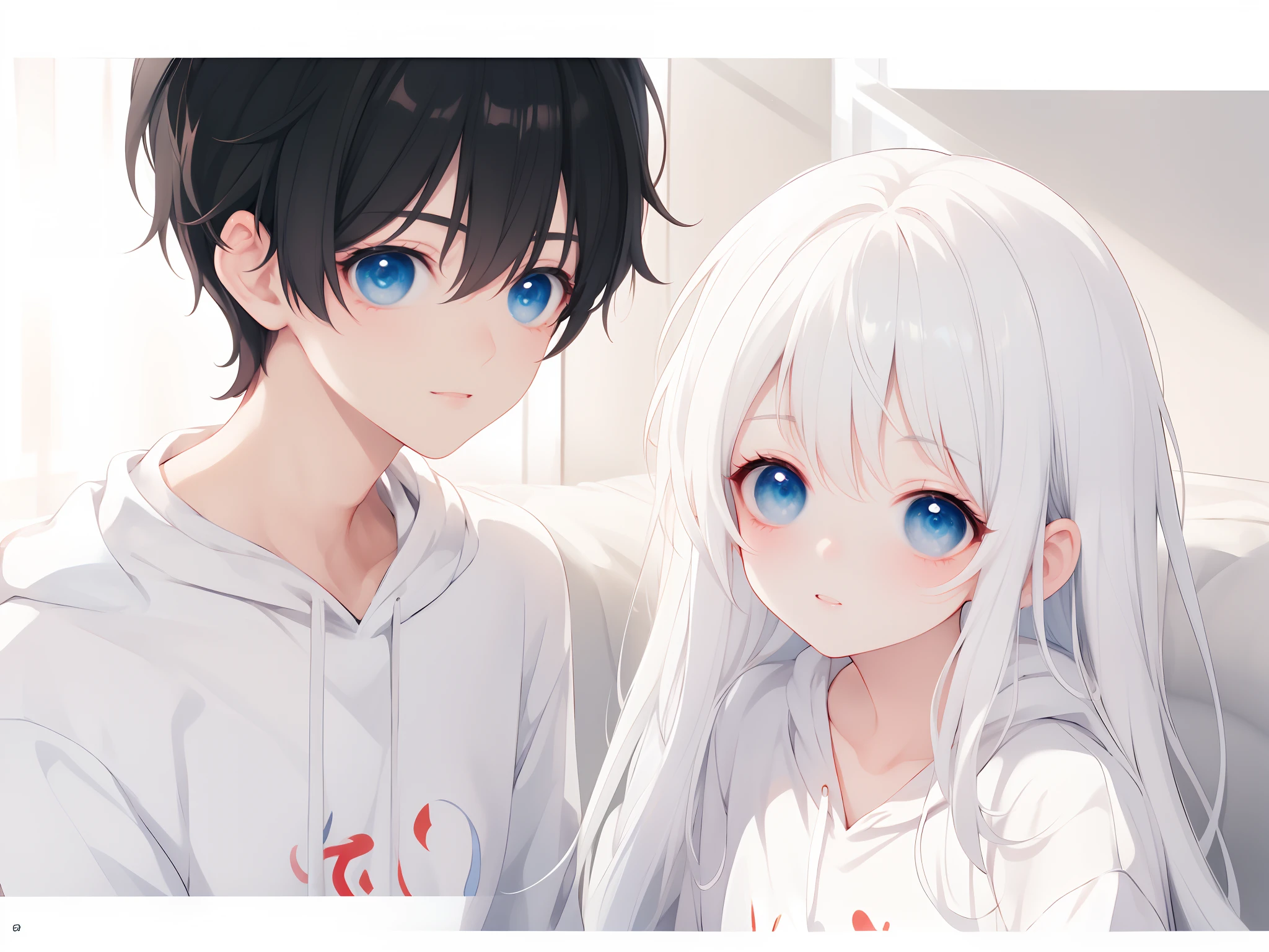 Masterpiece, Best quality, 8K resolution ，Anime couple with blue eyes and white hair posing for a photo,  style of anime4 K, Cute anime, Wear a hooded sweatshirt