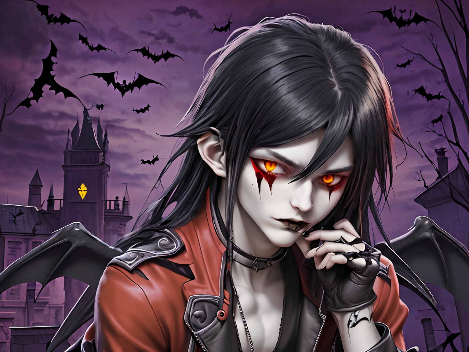 Vampire theme, Red sky, vampire castle, gothic night, vanitas, metalhead boy, Black long hair boy, Red jacket, pale skin, bats flying, beautiful boy extreme long hair boy, Devon wings, blood in mount, yellow eyes, anime style