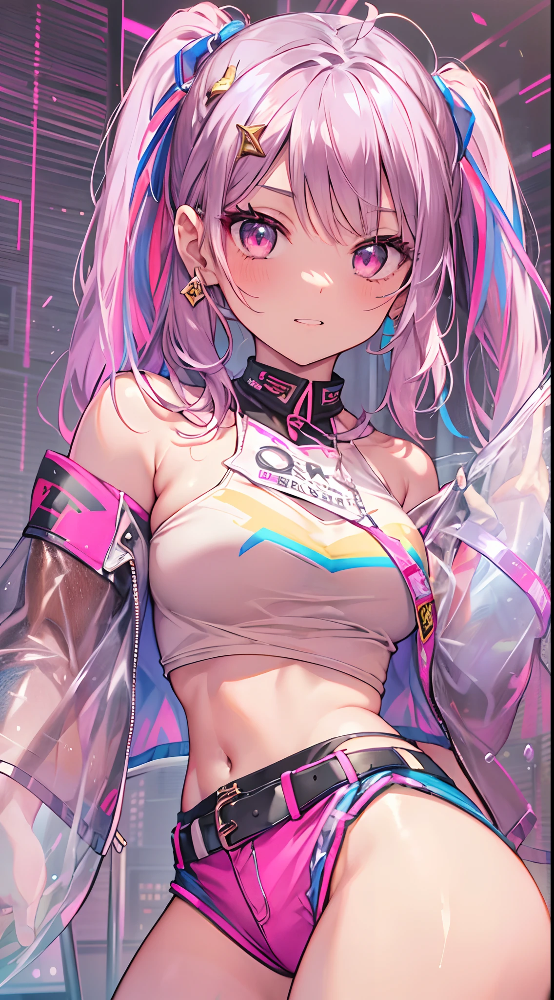 ((Masterpiece)), best quality, absurderes, ultra detailed, holographic, cowboy shot, golden ratio, super cute girl, mature girl, idol girl, super beautiful asian girl with very beautiful violet glowing eyes, beautiful glowing brown multicolored hair, high ponytail, nice and sexy body, slim body, perfect body, an anime printed super tight off shoulder long sleeve crop top, wearing super tight anime print micro shorts, a super aesthetic transparent mini jacket, beautiful hair ornament, pink jordan tennis, being photographed in a mall shop,( undressing, taking off micro shorts, showing neon pink panties, showing thong: 1.5)