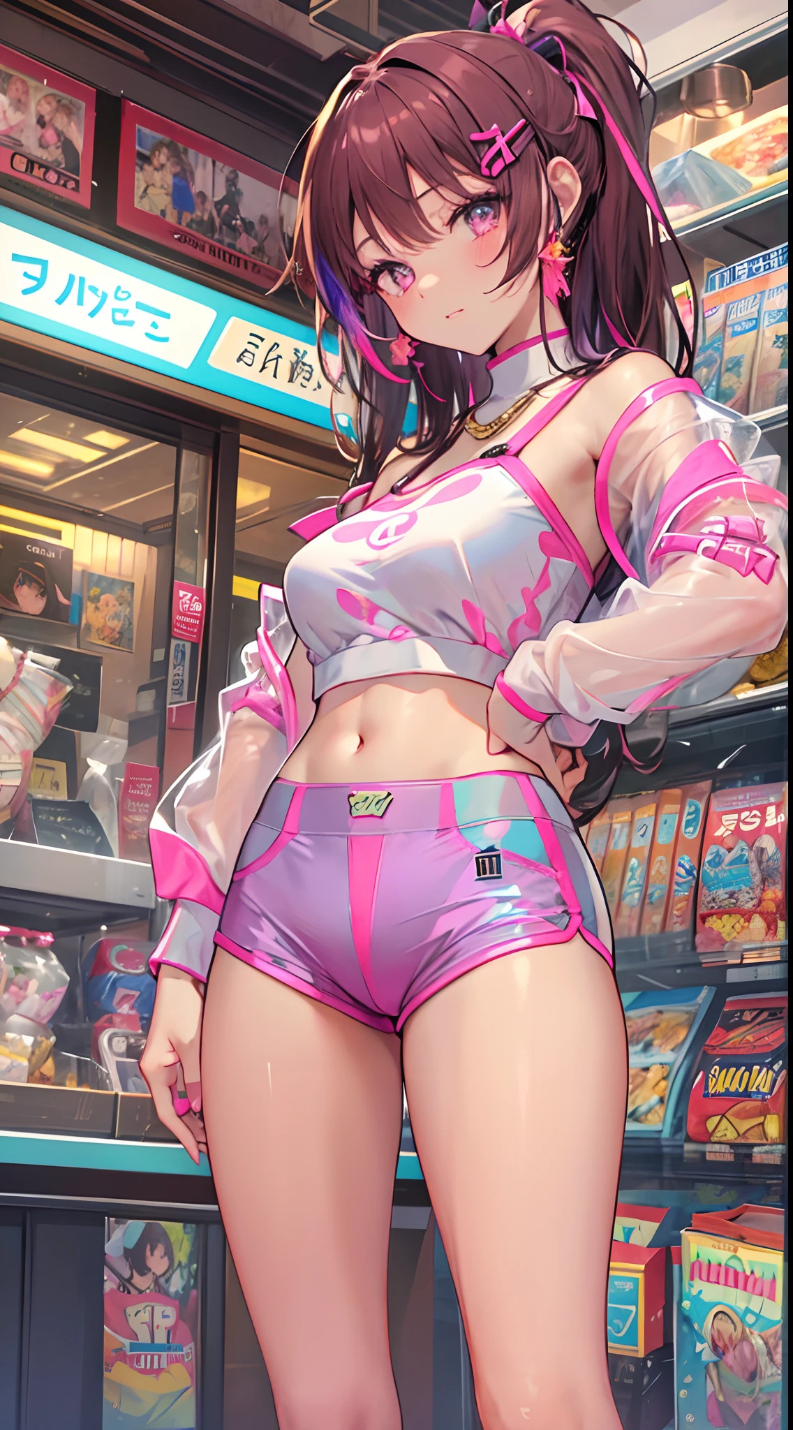 ((Masterpiece)), best quality, absurderes, ultra detailed, holographic, cowboy shot, golden ratio, super cute girl, mature girl, idol girl, super beautiful asian girl with very beautiful violet glowing eyes, beautiful glowing brown multicolored hair, high ponytail, nice and sexy body, slim body, perfect body, an anime printed super tight off shoulder long sleeve crop top, wearing super tight anime print micro shorts, a super aesthetic transparent mini jacket, beautiful hair ornament, pink jordan tennis, being photographed in a mall shop,( undressing, taking off micro shorts, showing neon pink panties, showing thong: 1.5)