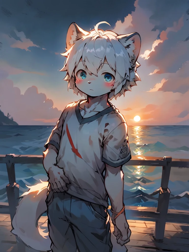 Long shots，Shoot side by side，Dashing wolf furry casual t-shirt and jeans，Leaning against the railing of the boardwalk，Overlooking the sea。The salty breeze carries the sound of waves and seagulls，He watched as the setting sun tilted below the horizon。。Boy。He took a deep breath。。，Reflect on the adventures of the day，Be grateful for the beauty of the natural world around you。ambient lights、Natural soft light、Tyndall effect、SLR camera、Advanced film lighting、Unreal Engine5、Extremely realistic、A high resolution、adolable，by Pino Daeni, canyne khai, milkytiger1145, Dagasi, Yupa，