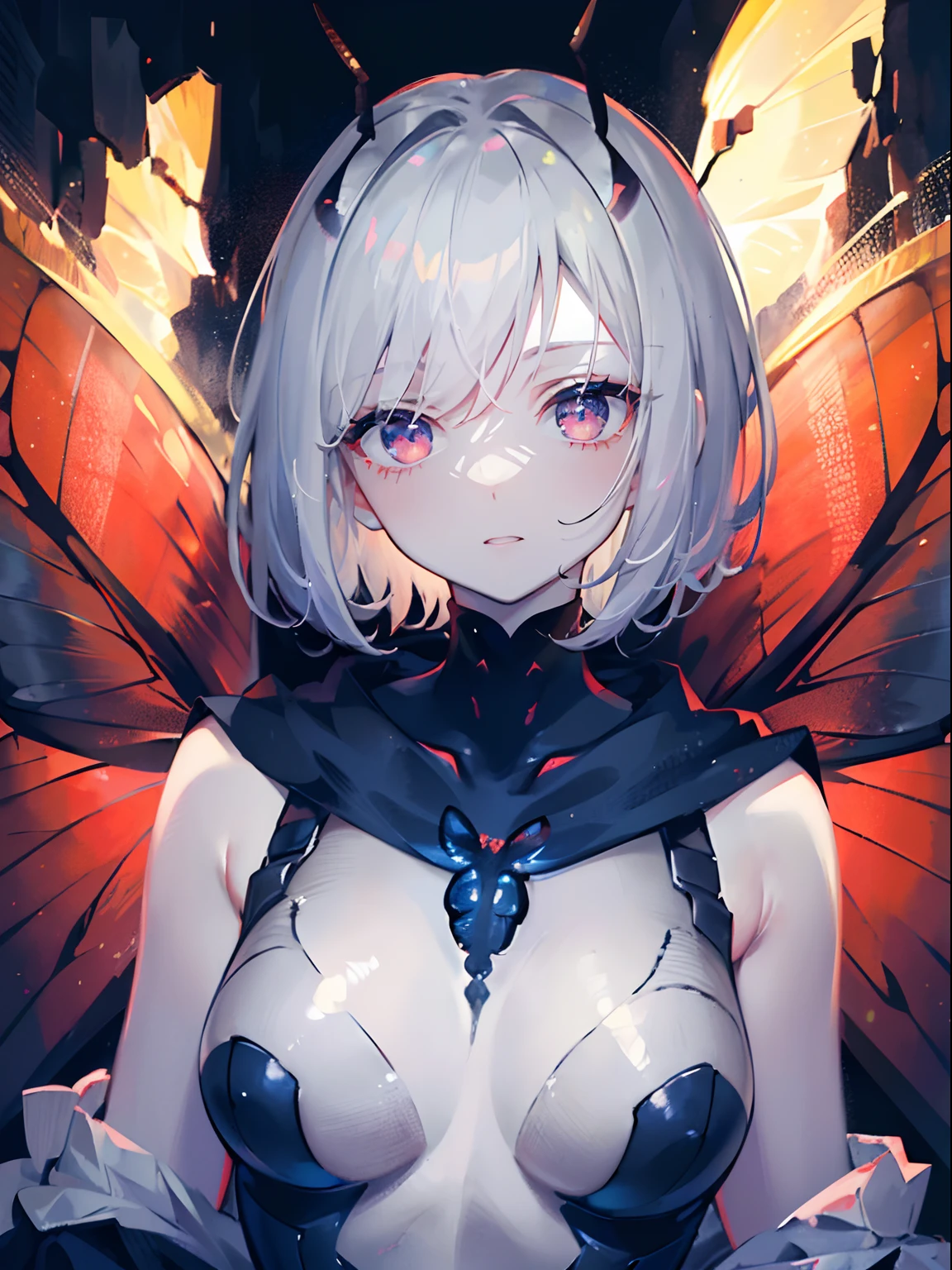 (masterpiece,best quality,ultra-detailed),1girl,beautiful and detailed face, detailed eyes,looking at viewer, multicolored eyes,((grey theme),(insect girl,insect body),short hair,red insect wings,glowing eyes,((night)),dark ambient,In a dark cave