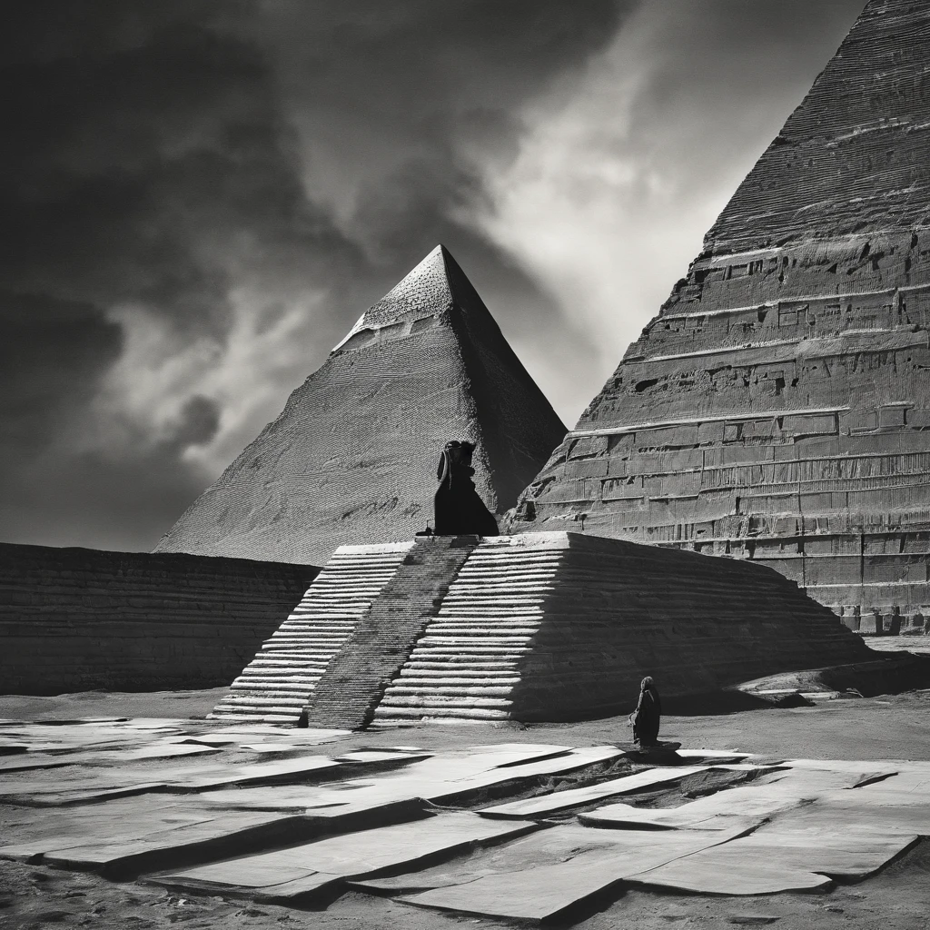 ((ambiance hypnotique)), Deux momies égyptiennes à l’intérieur d’une pyramide, Deux hommes qui ont l’air de danser, (effet psychédélique), représentation des dieux egyptiens,