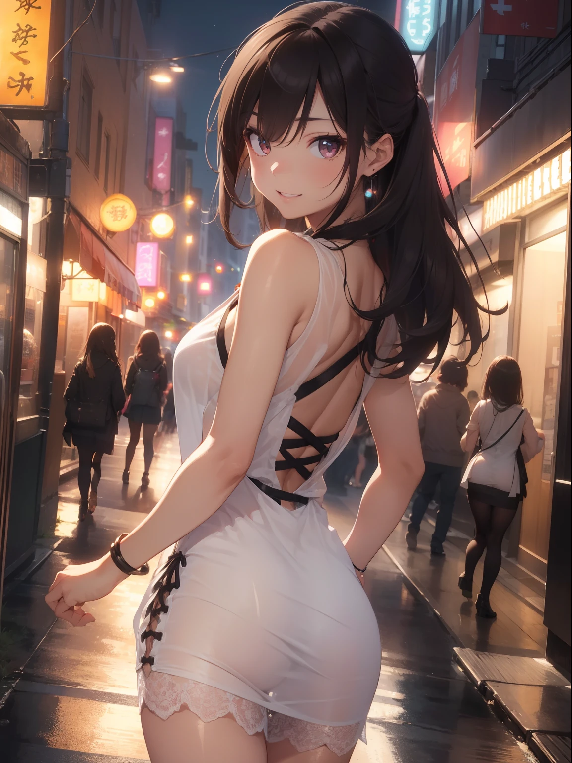 8K, masutepiece, Raw photo, Best Quality, Photorealistic, Highly detailed CG Unity 8K wallpaper, depth of fields, Cinematic Light, Lens Flare, Ray tracing, (Extremely beautiful face, Beautiful lips, Beautiful eyes), intricate detail face, ((Ultra detailed skin)) 1girll, In the Dark, deepshadow, Pretty Korean girl, Kpop Idol, 1 girl, (very slim and slender muscular body:1.3), ((view the viewer)),(Big smile:1.3), (PINK SHIRT), (Sleeveless) , (Fashion Night, a dark night, (Neon Light Sign), (Blurred background), Fashion Street Night),(No one is in the background:1.3), Beautiful earrings, bangle, Necklace, pantyhose, Clear eyes, Walking, (pale skin), (Big eyes), Face forward, ((upperbody shot)), ((Silk dress:1.3)),(Brown hairs),((Tight lace-up dresses)), (see through), (view the viewer:1.3) opened breast, Very slim, medium breasts, turn back,((Back shot)), see through, medium ass, Mini skirt, updo hair, (Perfect body ratio)