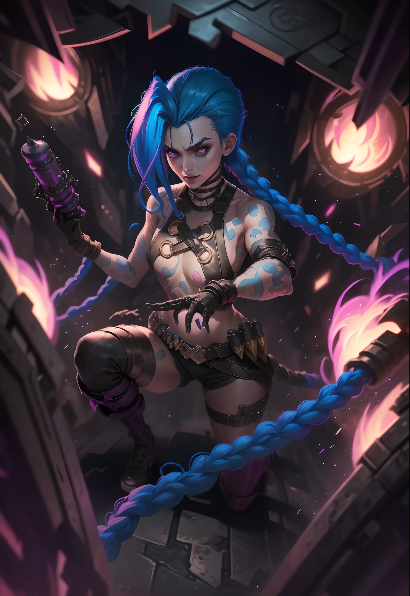 ((Best quality)), ((masterpiece)), (highly detailed:1.3), 3D, arcane style,In the dark and courageous dystopian city of Piltover, plagued by violence and divided into two opposing factions, a young prodigy named Jinx emerges. She has short shorts on. Having endured unimaginable loss and abandonment, she embraced a life of chaos and destruction. Known for her inventive and explosive abilities, Jinx becomes an icon of rebellion against the oppressive forces that control the city. However, haunted by guilt and battling inner demons, she must confront her past and decide whether to continue on the path of anarchy or seek redemption amid the turmoil. Explore Jinx's journey as she navigates a treacherous world, fighting for survival, unlocking secrets, and discovering the true meaning of her twisted existence, chaos reigns supreme, and at the center of it all is Jinx, the embodiment of unpredictability. Delve deep into Jinx's twisted mind, exploring the origins of his madness and the driving force behind his destructive nature. Unravel the moments that shaped her into the crazed, iconic character we know. Take us on a wild journey through the vibrant streets of Piltover and the shadowy suburb of Zaun as Jinx wreaks havoc with his explosive arsenal. Can redemption find its way into Jinx's fractured soul? Or will she dance forever on the edge of sanity, embracing the chaos that fuels her very existence? Arcane's fate hangs in the balance as Jinx's path intertwines with unlikely allies and formidable enemies. Ignite your imagination and paint a vivid portrait of Jinx's distorted psyche, capturing the essence of her madness and the indomitable spirit that defines it, HDR (High Dynamic Range), Ray Tracing, NVIDIA RTX, Super-Resolution, Unreal 5, Subsurface Scattering, PBR Texturing, Post-processing, Anisotropic Filtering, Depth of Field, Maximum Clarity and Sharpness, Multit Textures