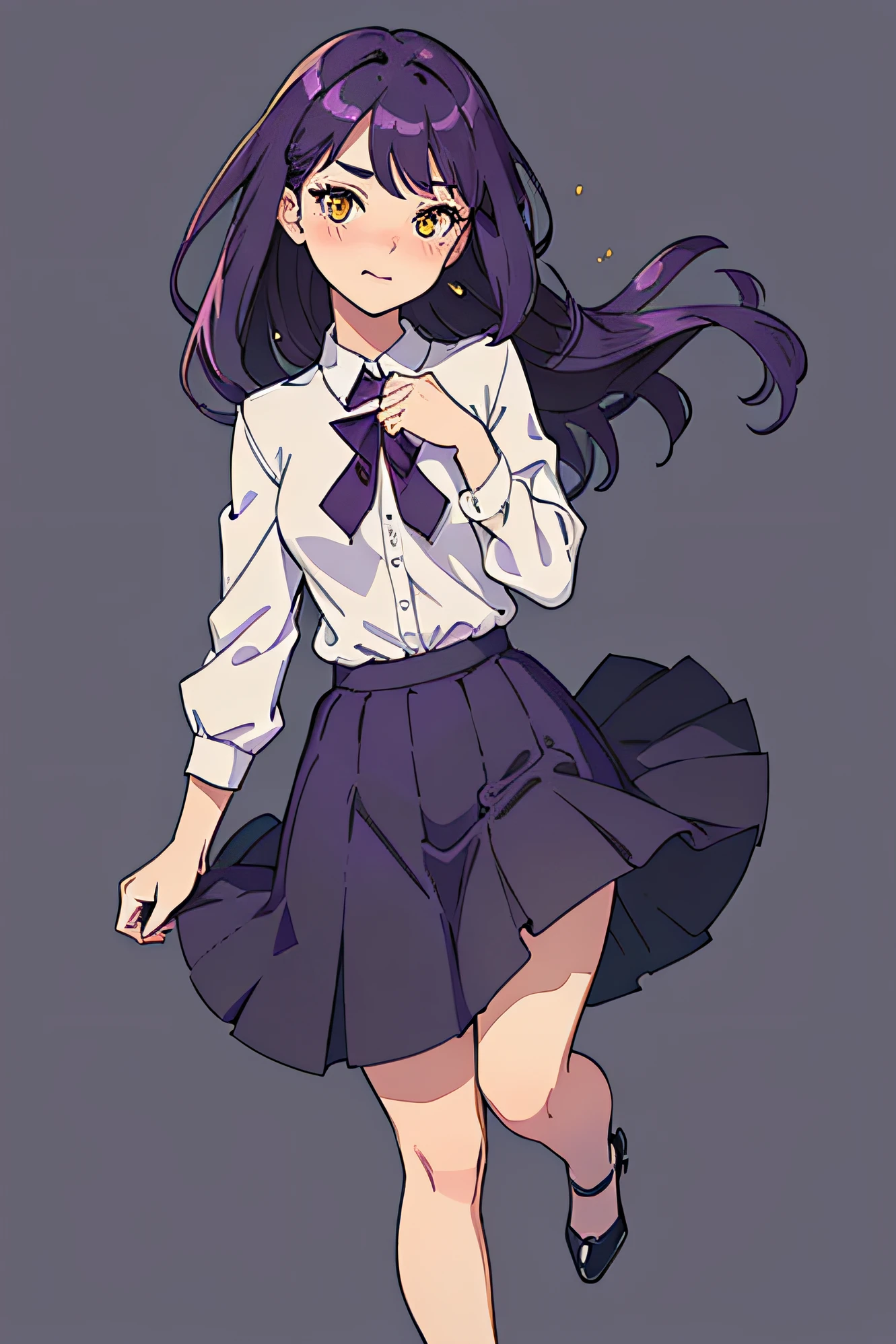 best quality, masterpiece, illustration:1.1), [[[1woman]]], ((Dark Purple hair)), yellow eyes, handsome, perfect body, perfect proportions, full body, full body pose, no background. idle pose. ((Blushing face)). white shirt, black skirt,