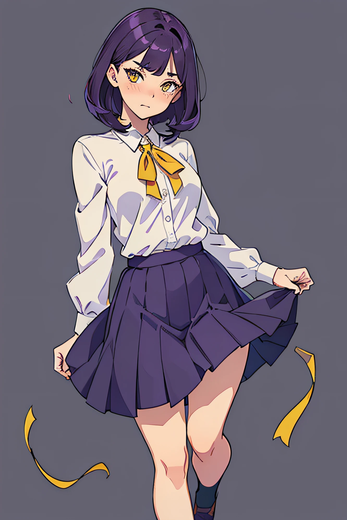 best quality, masterpiece, illustration:1.1), [[[1woman]]], ((Dark Purple hair)), yellow eyes, handsome, perfect body, perfect proportions, full body, full body pose, no background. idle pose. ((Blushing face)). white shirt, black skirt,