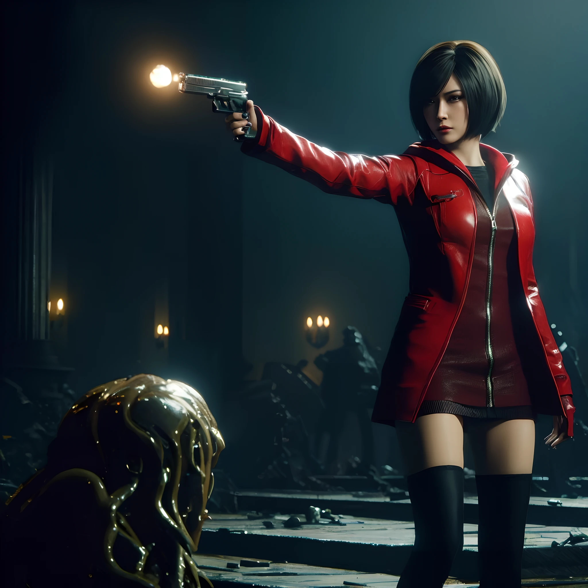 Ada wong, beautiful face, woman, bob hair, perfect Face, wearing mini red dress hoody, wearing hoody, black nail polish