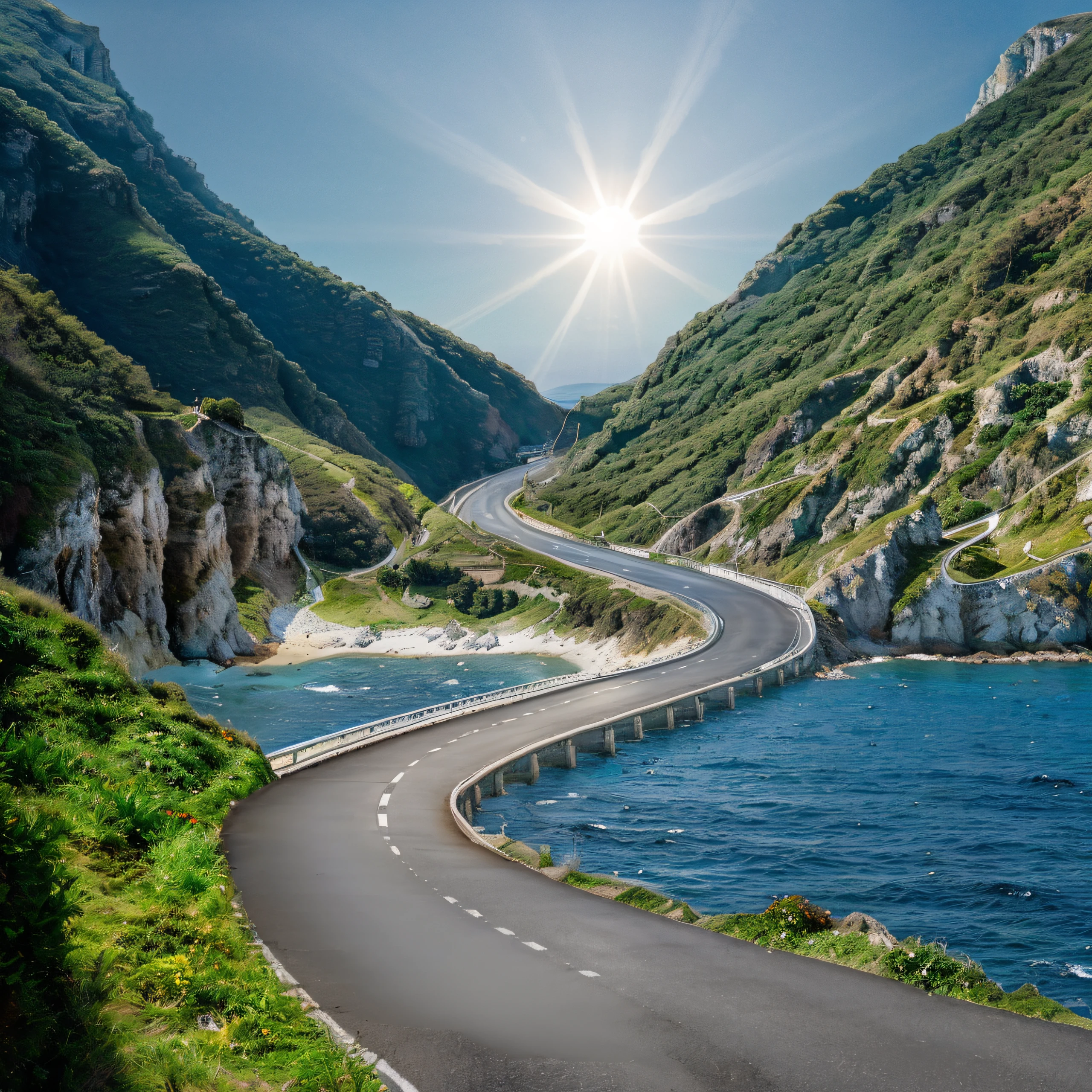 Wide and winding empty road by the sea that goes up towards the mountains with vast vegetation, the initial part of this road is by the sea with a bridge seen from below. Clear and calm sea. A large bright sun among the mountains is at mid-height in the background of the image. The uphill seaside road goes towards the sun. Ultra realistic image, perfect and with lots of details. Day with clear skies. Empty road by the sea on an incline seen from below, well signposted and defined, with sharp curves, with walls and protective guardrails. The sun stands out for its brightness and reflects lightly on the sea. Empty seaside road uphill towards the mountains. The sea gently touches the rocks on the side of the beginning of the paved road at the seaside seen from the lower part.