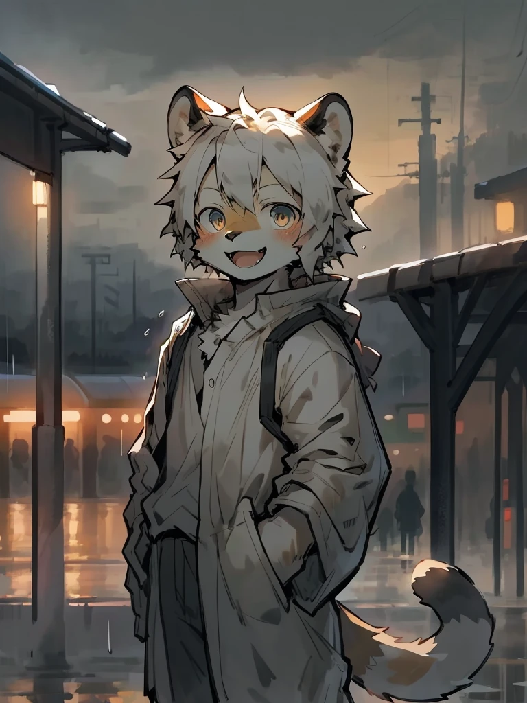 Masterpiece, Best quality, Perfect anatomy, Bright eyes, Watery eyes, author：Milk Tiger 1145, author：K0bit0wani, Furry, coyote, (Phyllis:0.25), Male, Solo, baggy clothes, (open smile:1.1), gentle, view the viewer, Train station, rain, (Eau:0.9), grey sky, rained, (Heavy fog:0.4)，by Pino Daeni, canyne khai, milkytiger1145, Dagasi, Yupa，