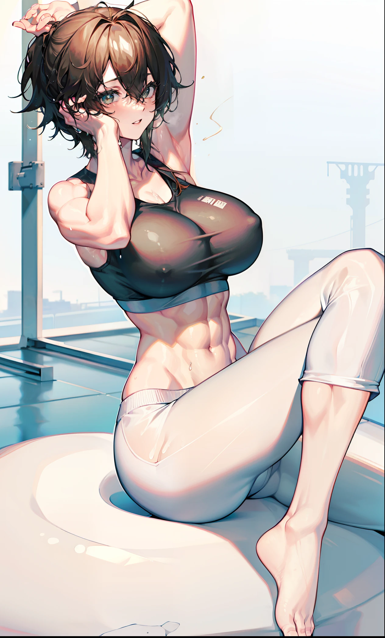 Shirtless (beauty), sporty, military, pretty perfect face, cut short hairstyle, (white body), transparent briefs, barefoot, foot focus, beautiful feet, industrial background, (sweat), tired, (masterpiece), best quality, highest detail, superior quality, natural lighting, beautiful, sexy, correct anatomy, good composition, white liquid drenched body, sexy seduction, fitness, bulge, huge bulge, big breasts, big tits, big bust