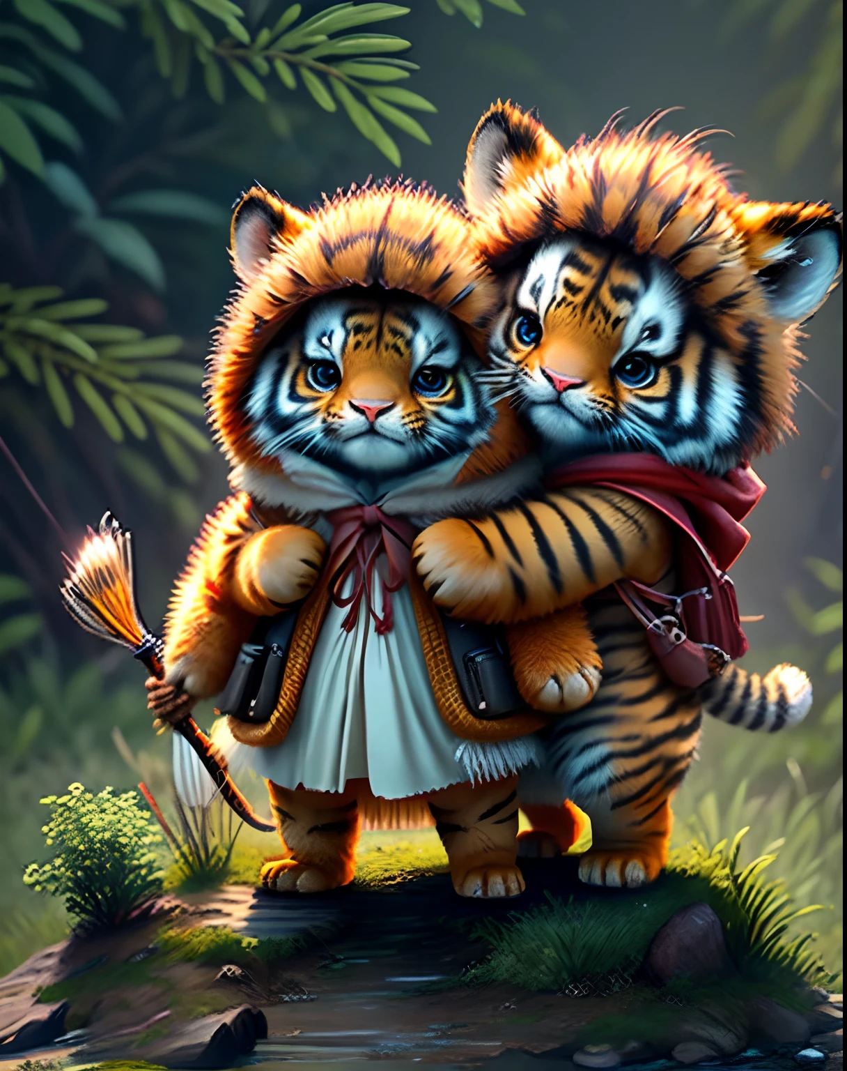 Top image quality、"Create cute creature masterpieces with inspired ultra-detailed concept art. Let your imagination come alive", (a tiger), high detailing, in 8K、Top image quality、Dressed as a hunter in medieval Europe、Carrying a bow and arrow and a bow holder on your back、