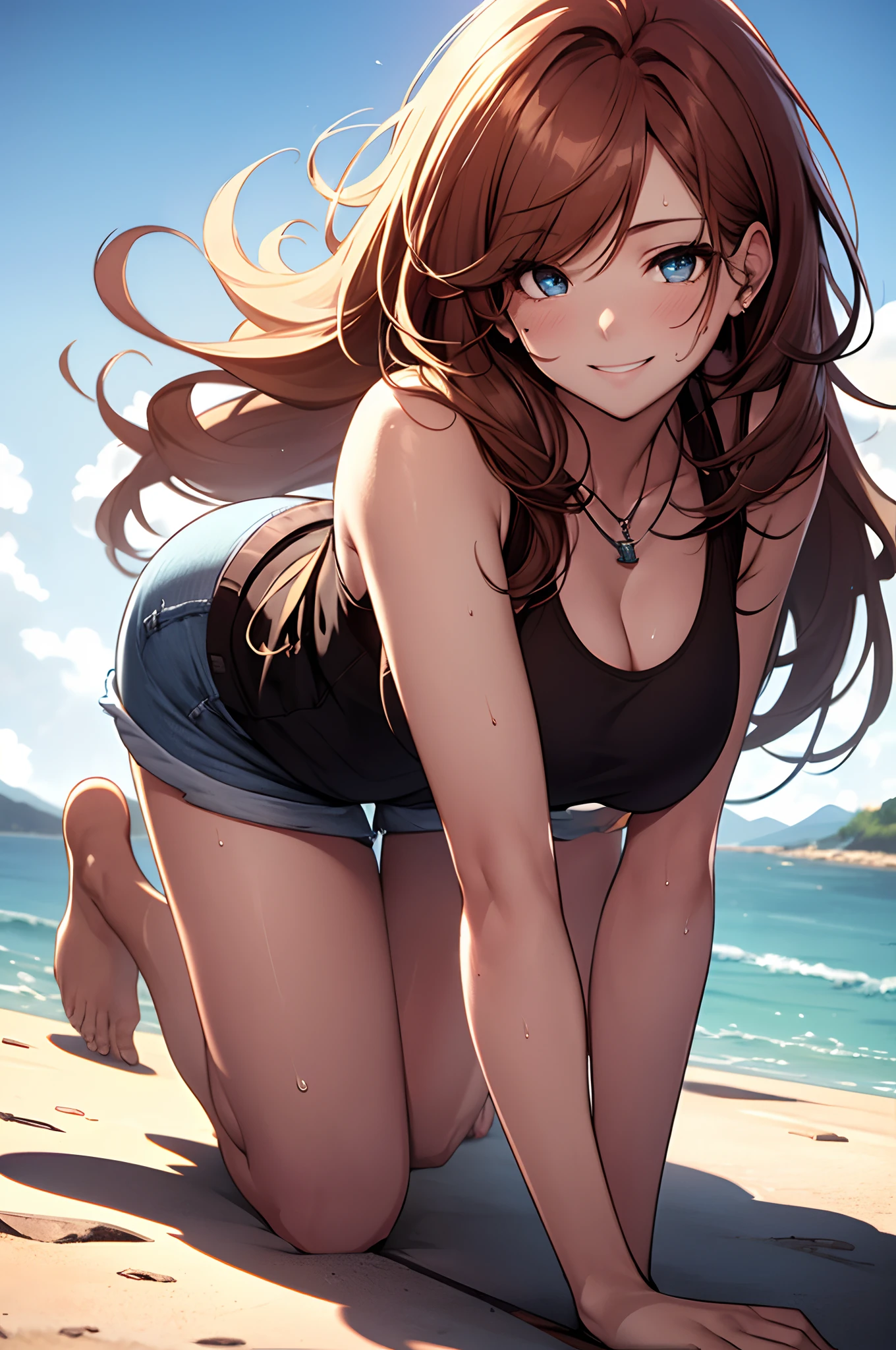 ((best quality)), ((masterpiece)), (detailed), 1 girl, full body, 19 years old, embarrassed face, young adult, somewhat short stature, purple eyes, brown hair, somewhat wavy hair, long hair, bang, blushing, very small breasts, sexy white bikini, bending over, seductive legs, big butt, sexy butt, beach background, looking back, anime