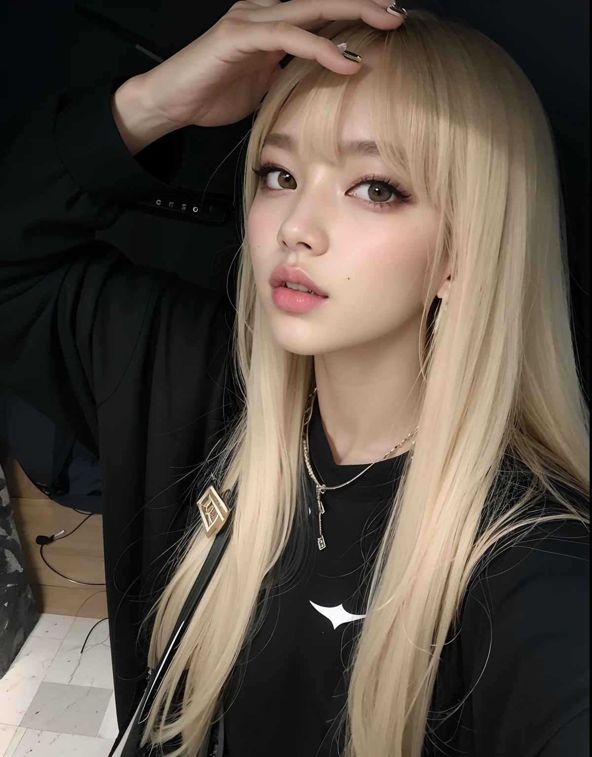 a closeup of a woman with long blonde hair wearing a black jacket, korean girl, beautiful south korean woman, gorgeous young korean woman, lalisa manobal, beautiful young korean woman, young and adorable korean face, beautiful Asian girl, pale korean adorable face, long blonde hair and big eyes, korean woman, Asian girl, long blonde hair and big eyes