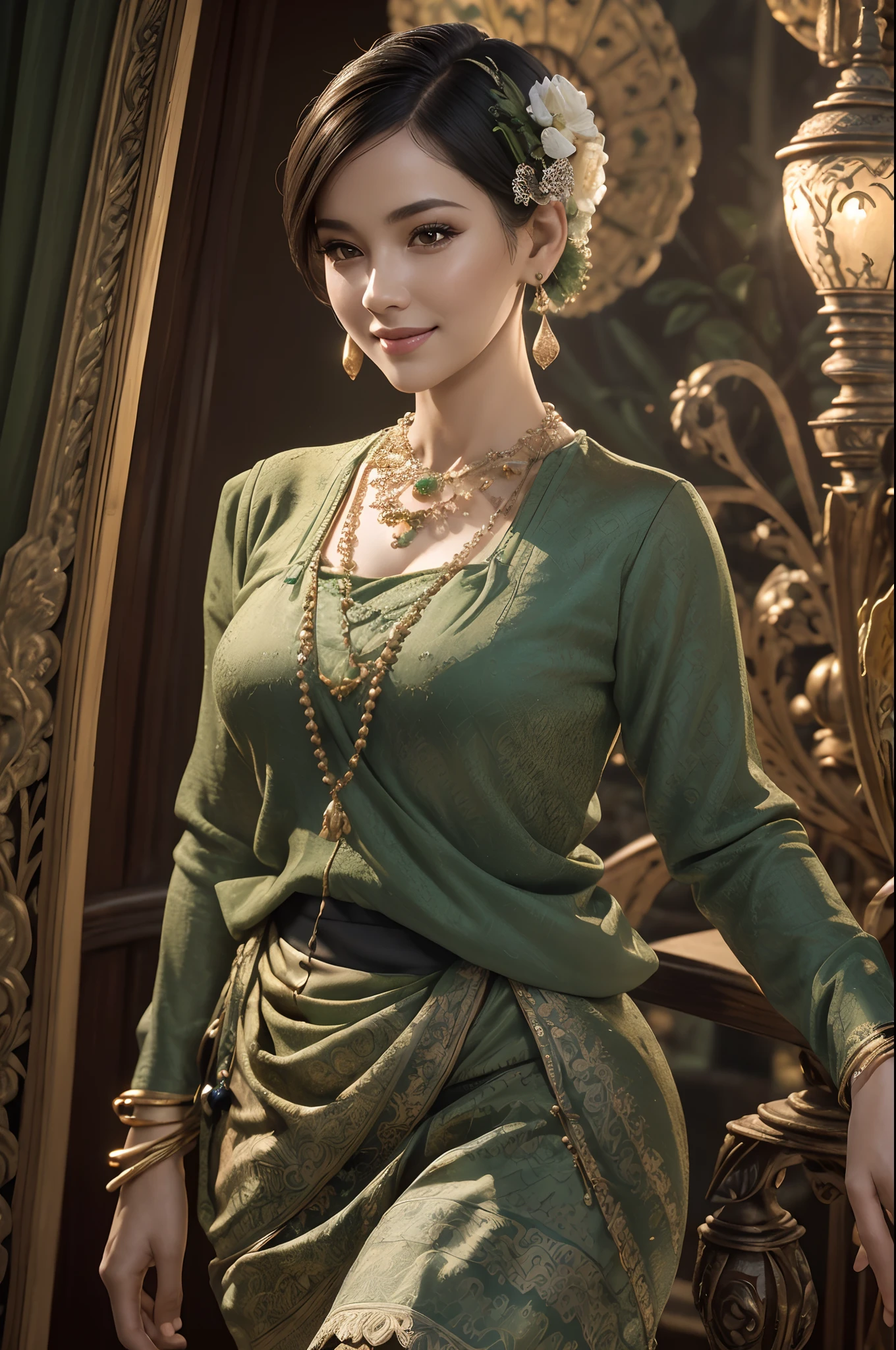 (realistic:1.3), insane detailed, quality, (masterpiece:1.2), (photorealistic:1.2), (best quality), (detailed skin:1.3), (intricate details), ray tracing, ((half body)), ((1woman)), (((1 person))), 40 years old, short hair, smile, green dress, skirt with pattern, color contrast between the dress and the skirt, skirt pattern, earrings, necklace, Javanese ornament, (blurred background)
