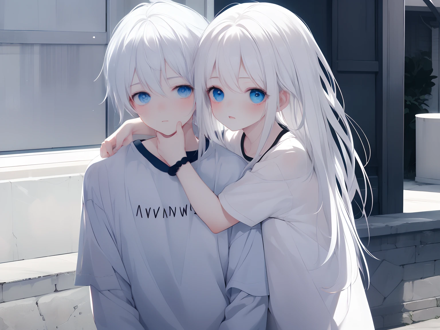 The white-haired, Blue-eyed, Young girl in white shirt hugs boy with white hair and blue eyes,Embrace the ultimate in light and shadow,k hd,is shy,White skin,white backgrounid