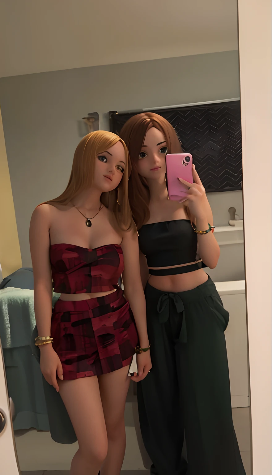 mirror selfie two girls. girl on right yellow straight hair holding pink phone case black and red skirt and tube top set. girl on left brown hair long curled black tube top doing peace sign dark green baggy pants.