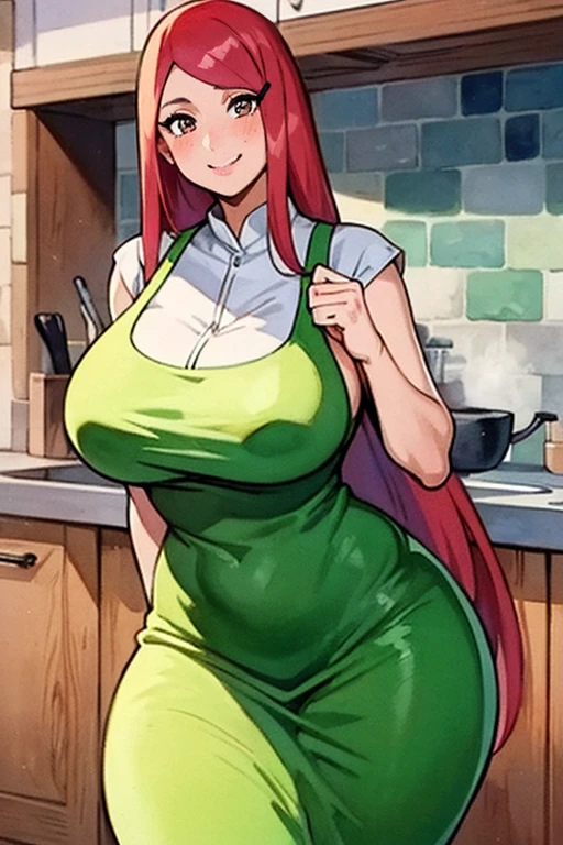 (master piece: 1.1),uzumaki_kushina, large_breasts, standing, solo, kushina_green_dress, masterpiece, best quality, detailed face, detailed eyes, highres,uzumaki_kushina, large_breasts, standing, solo, kushina_green_dress, green apron, long apron, beige dress, long dress, tight dress, sleeveless dress, (masterpiece:1.2, best quality), (finely detailed beautiful eyes: 1.2), ((1girl)), ((solo)), (brown eyes:1.4), (finely detailed eyes and detailed face:1.3), (beautiful and clear background:1.2), (extremely detailed CG, ultra-detailed, best shadow:1.1), ((depth of field)), ((watercolor)), large breasts, flowers and petals, beautiful concept illustration, (white background:0.5), (illustration:1.1), (extremely fine and beautiful:1.1), (perfect details:1.1), looking at viewer, smile, happy, blush, red hair, long hair, massive breasts, wide hips, thick thighs, indoors, kitchen, hard ,