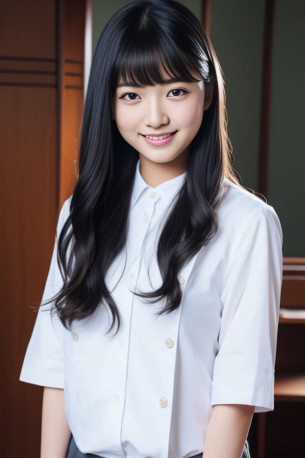 （​masterpiece、high-level image quality、top-quality）、(Beautiful realistic Japan woman、18year old),High School School Uniform、White bra、White panty、Big that are about to spill、Smile、dark grey HAIR、Clear black eyes、‎Classroom、evening、Neat and Japan clean woman with superlative good looks、Young and beautiful skin、