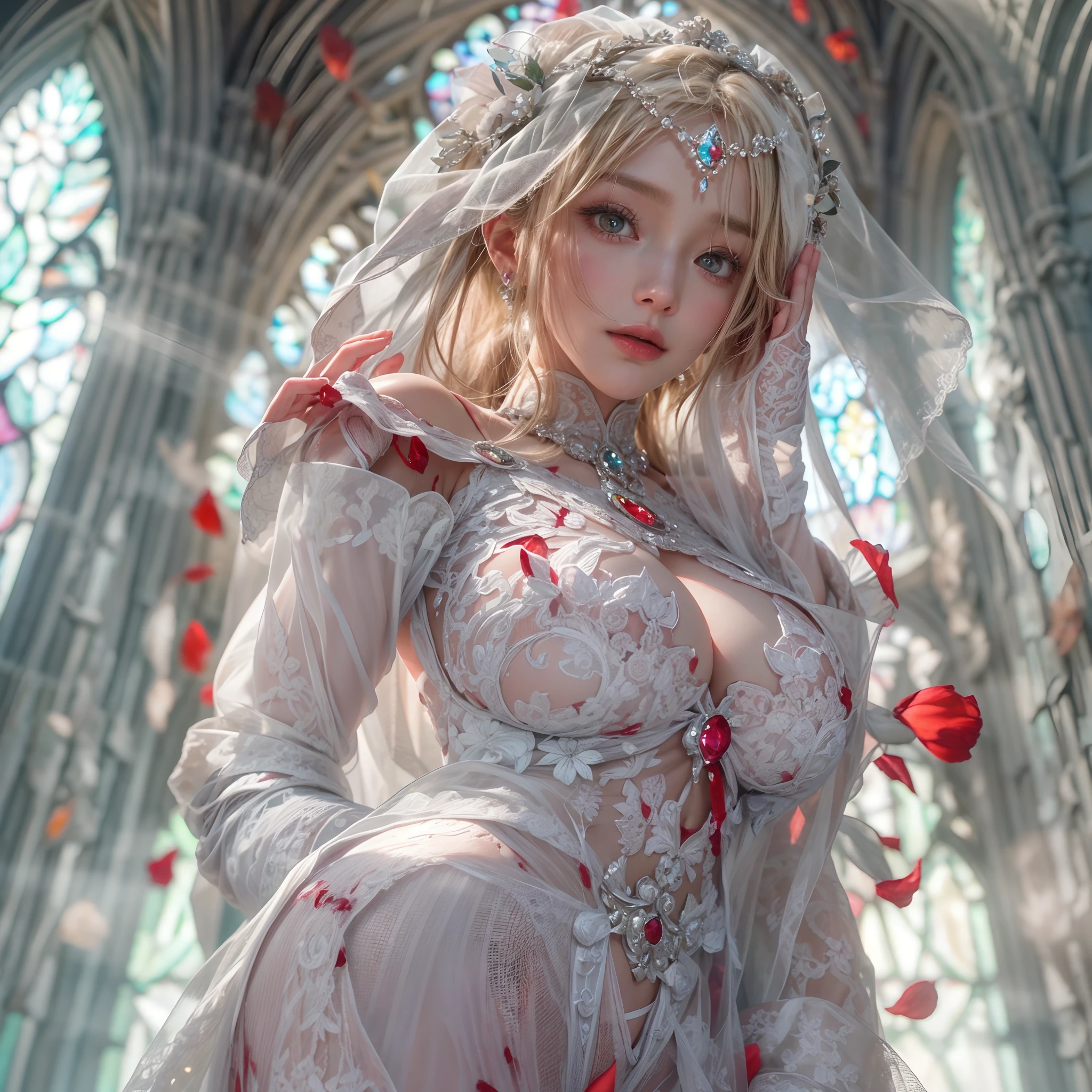 { wide-angle | FullBody:1.2 | Dynamic-angle | Ass focus }, (Full Body proportions and all limbs are expressed in anatomical precision),(((masutepiece:1.25))), 8K highres, { Physically-based rendering | White and Vivid colors | Zoom Layer }, { (((Photorealistic:1.37)))| (F/4.0, canon) }, (Detailed glistening skin), Detailed face and eyes, { ((Beautiful bride goddess))|(Brilliant Red shiny Ruby accessories)| Delicate white lace knitted (see-through:1.25) wedding dresses | Flowers | Floating hair| Random hair color | Blonde hair }, { (Mystical sight) | God rays |((colorful Light shines through stained glass:1.2)) }, { Gigantic Cleavage:1.37 | Overflowing | Biomechanical HUGE and HEAVY boob | Underboob |(Navel)| Bleeding from pussy | (Blood stained crotch) | Menses | Ass focus }, { (Praying) | ( feminine hands expressed in anatomical precision) | White elbow_gloves | no Dutch angle },