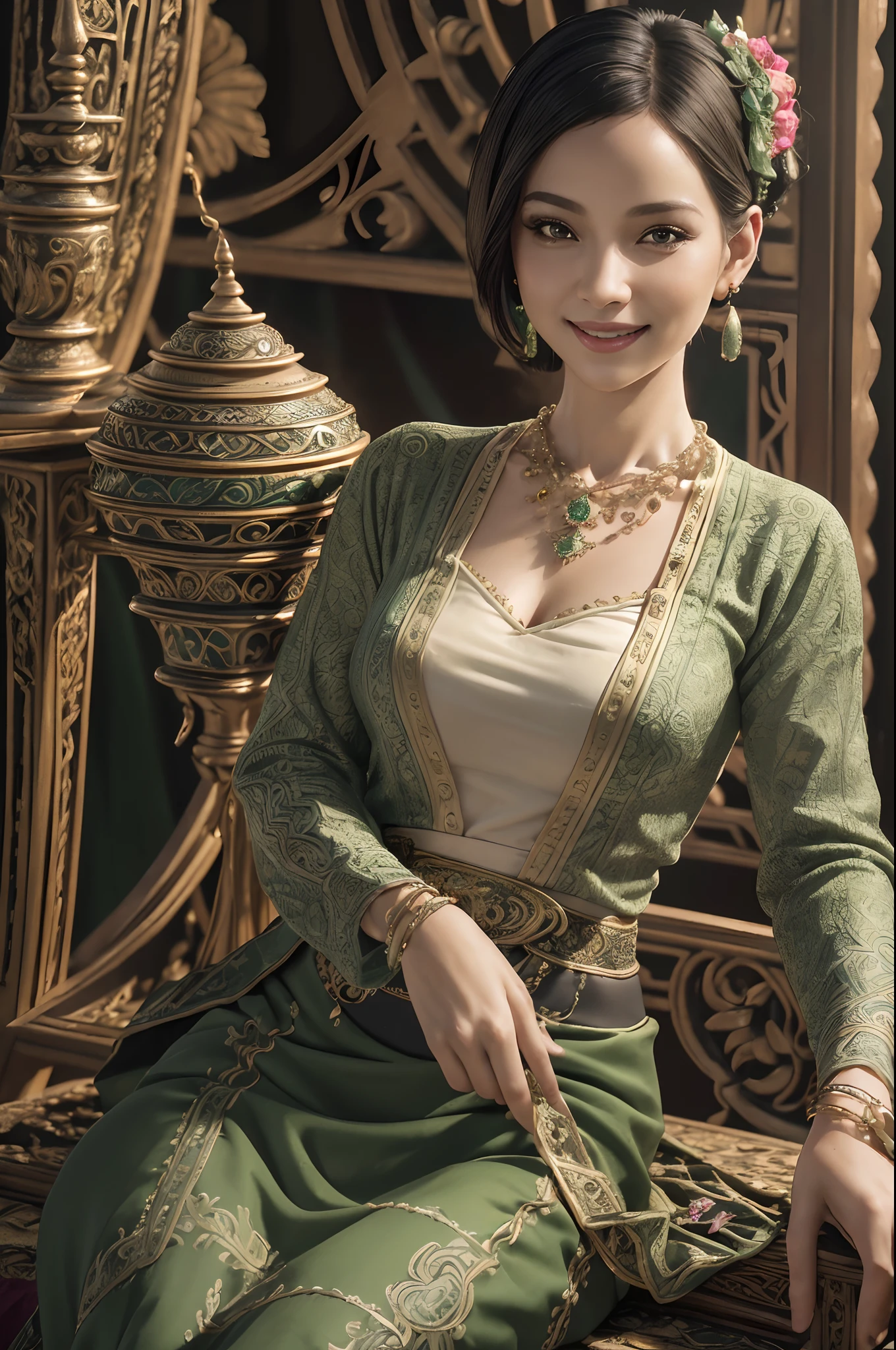 (realistic:1.3), insane detailed, quality, (masterpiece:1.2), (photorealistic:1.2), (best quality), (detailed skin:1.3), (intricate details), ray tracing, ((half body)), ((1woman)), (((1 person))), 40 years old, short hair, smile, green dress, skirt with pattern, color contrast between the dress and the skirt, skirt pattern, earrings, necklace, Javanese ornament, (blurred background)