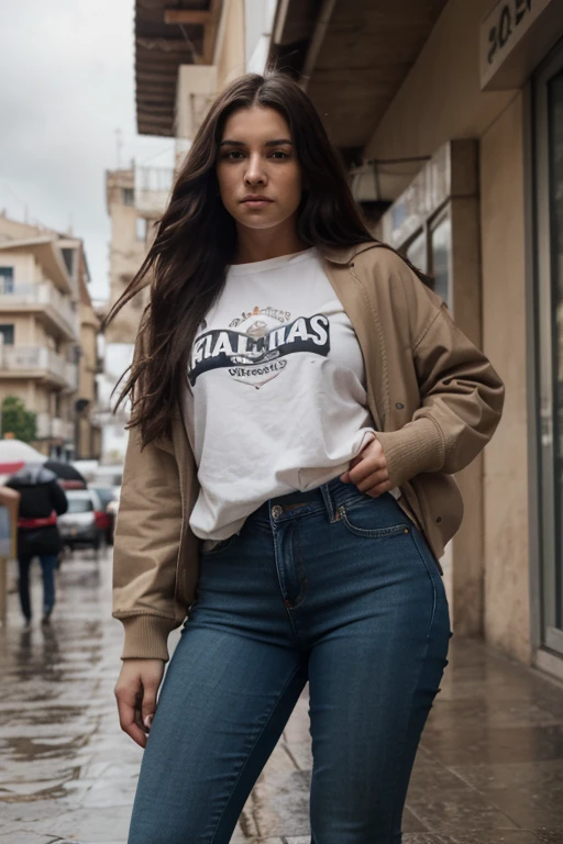 "En Valencia capital, Cloudy day with rain, vistiendo jeans negros, Botas, Sudadera con capucha negra tapando ombligo, gente alrededor, With a frightened expression, sosteniendo un paraguas con la mano, cabello largo y rizado, 25-year-old adult, caderas anchas."