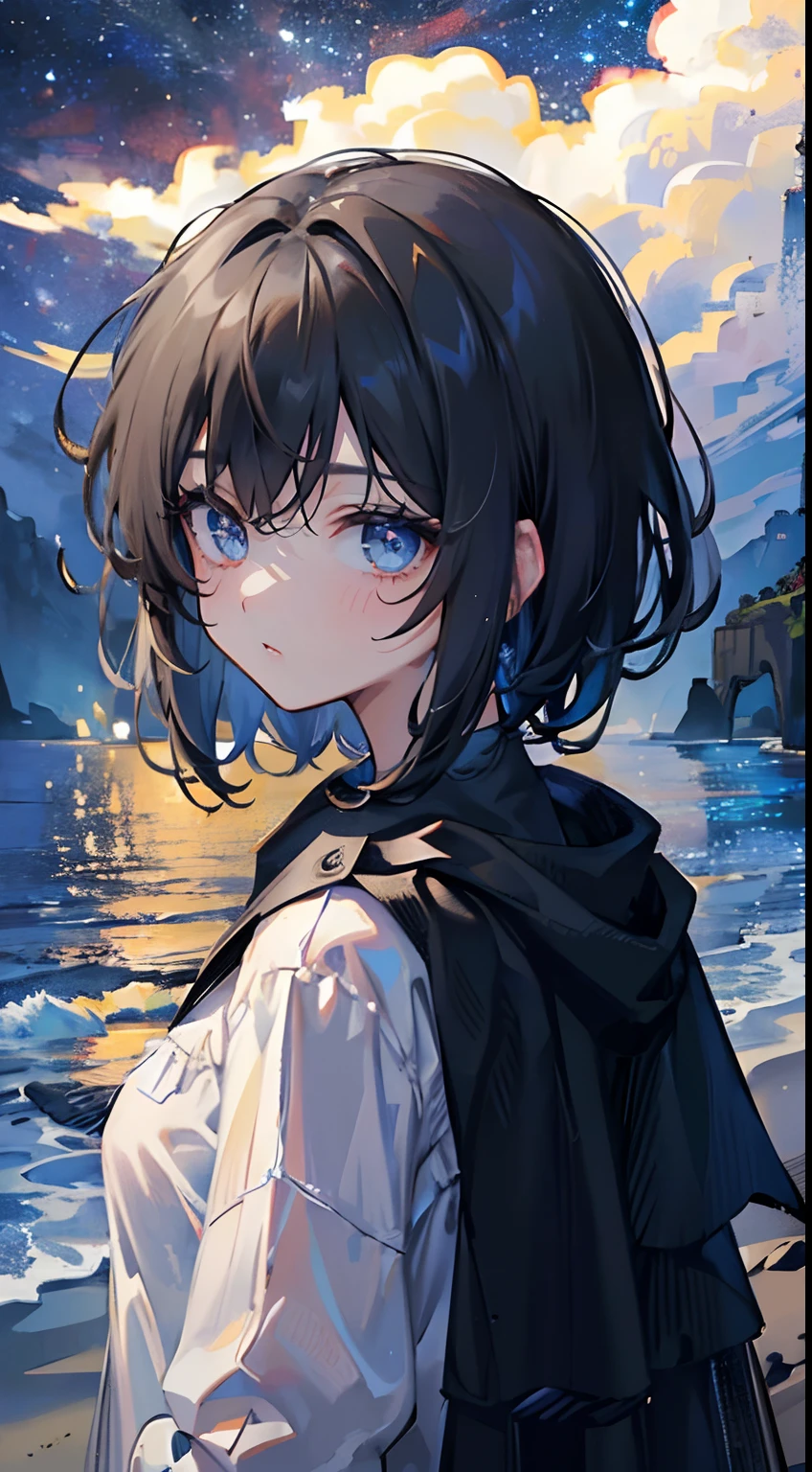 (masterpiece,best quality,ultra-detailed),1girl,short hair,dark black hair, messy hair, thick hair,dark ashes,((grey theme),glowing eyes,((night)),dark ambient,In a beach, starry sky