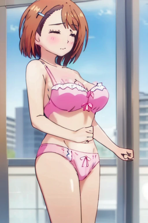 (masutepiece、Best Quality)、Beautiful eyes、Well-formed face、very large udder、Too big、Underwear、Lace bra with pink ruffles、Pink bra shoulder straps、Pink lace panties、beauty legs、natta、a room、blushed face、Moist eyes、Seduce a man、sexy pose、Bewitching mouth、SEXY、bewitching、Sensational、